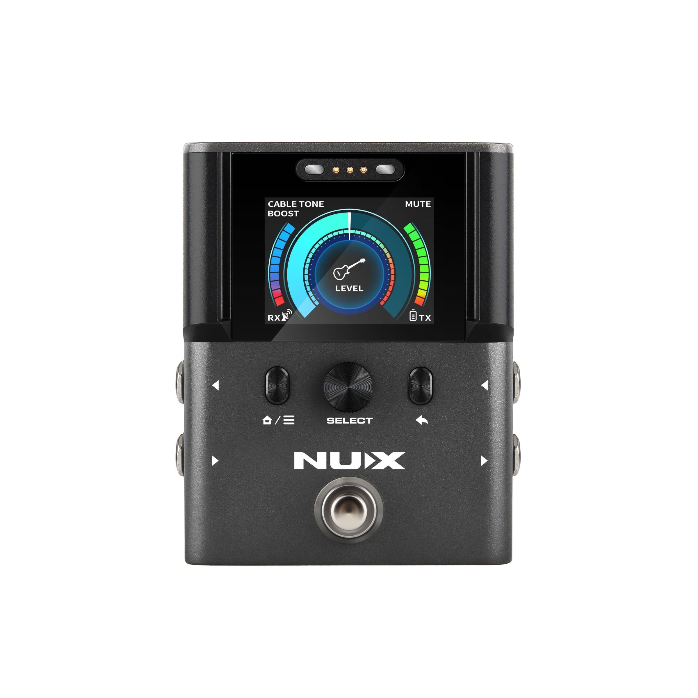 NUX B-8 pedal board receiver with LCD display showing input levels