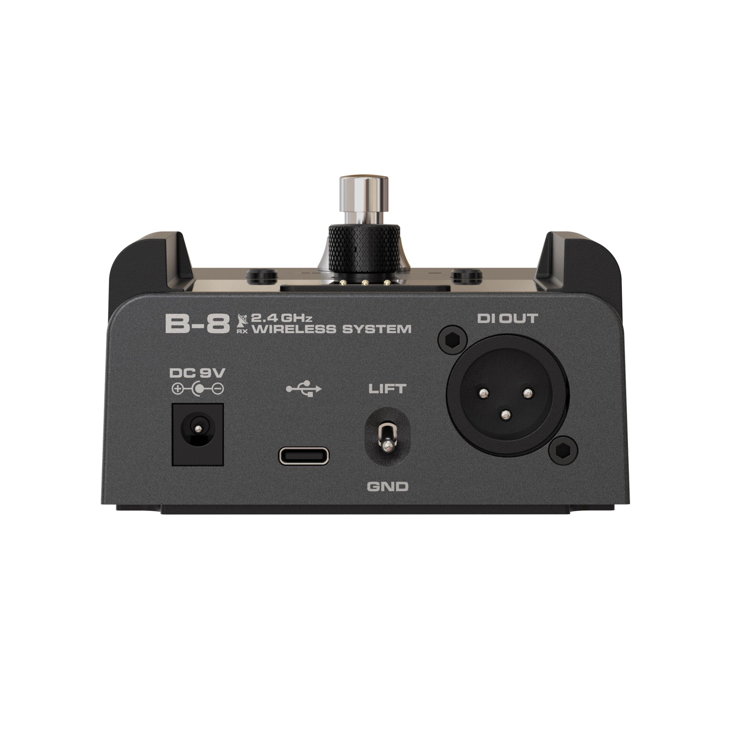 NUX B-8 pedalboard receiver showing the back side panel with the included I/O like DI out, Lift and Ground switch, USB-C port, and a DC 9V barrel plug for power. 2.4 ghz wireless system.