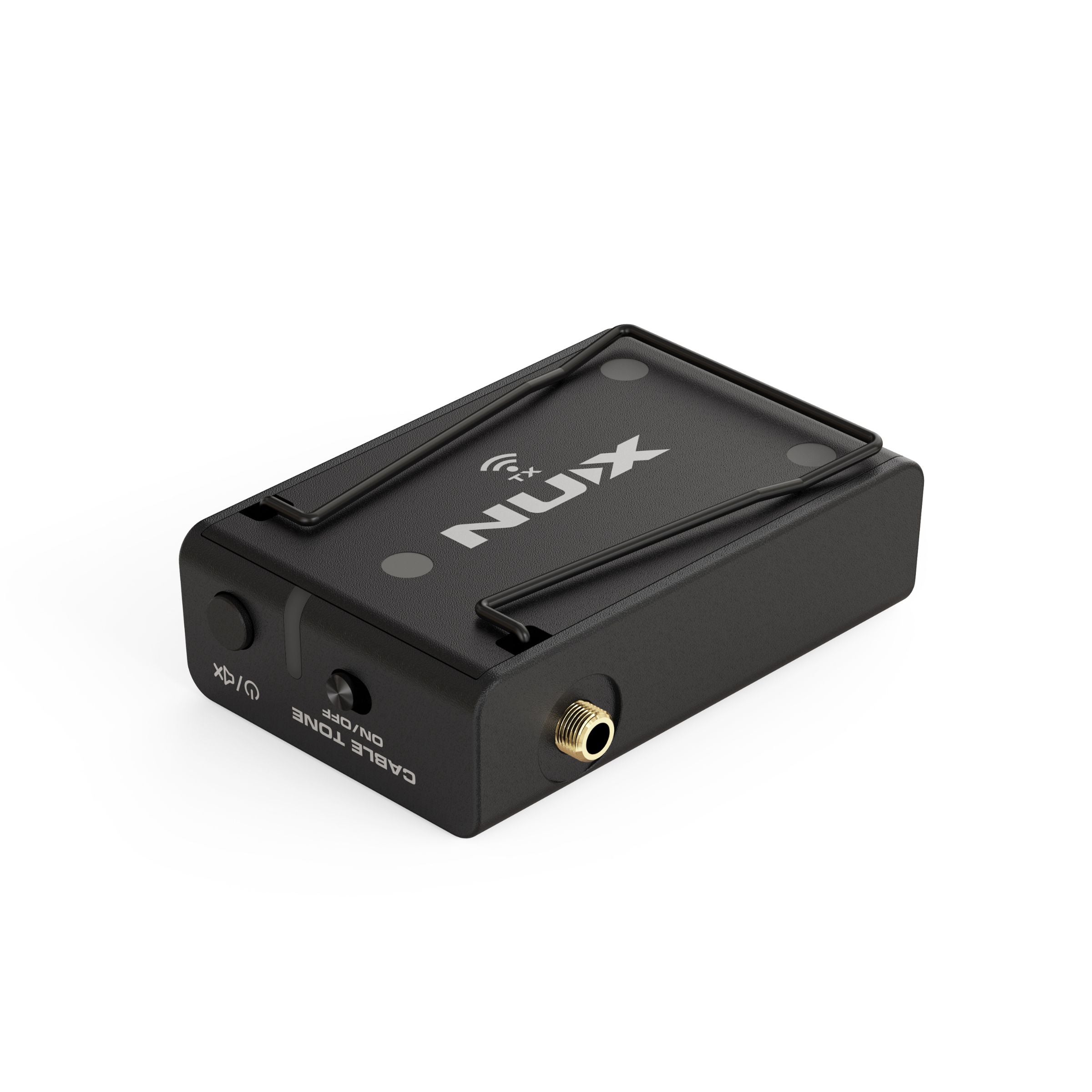 NUX B-8 wireless transmitter showing the strap clip, cable tone on and off switch, and the power button.