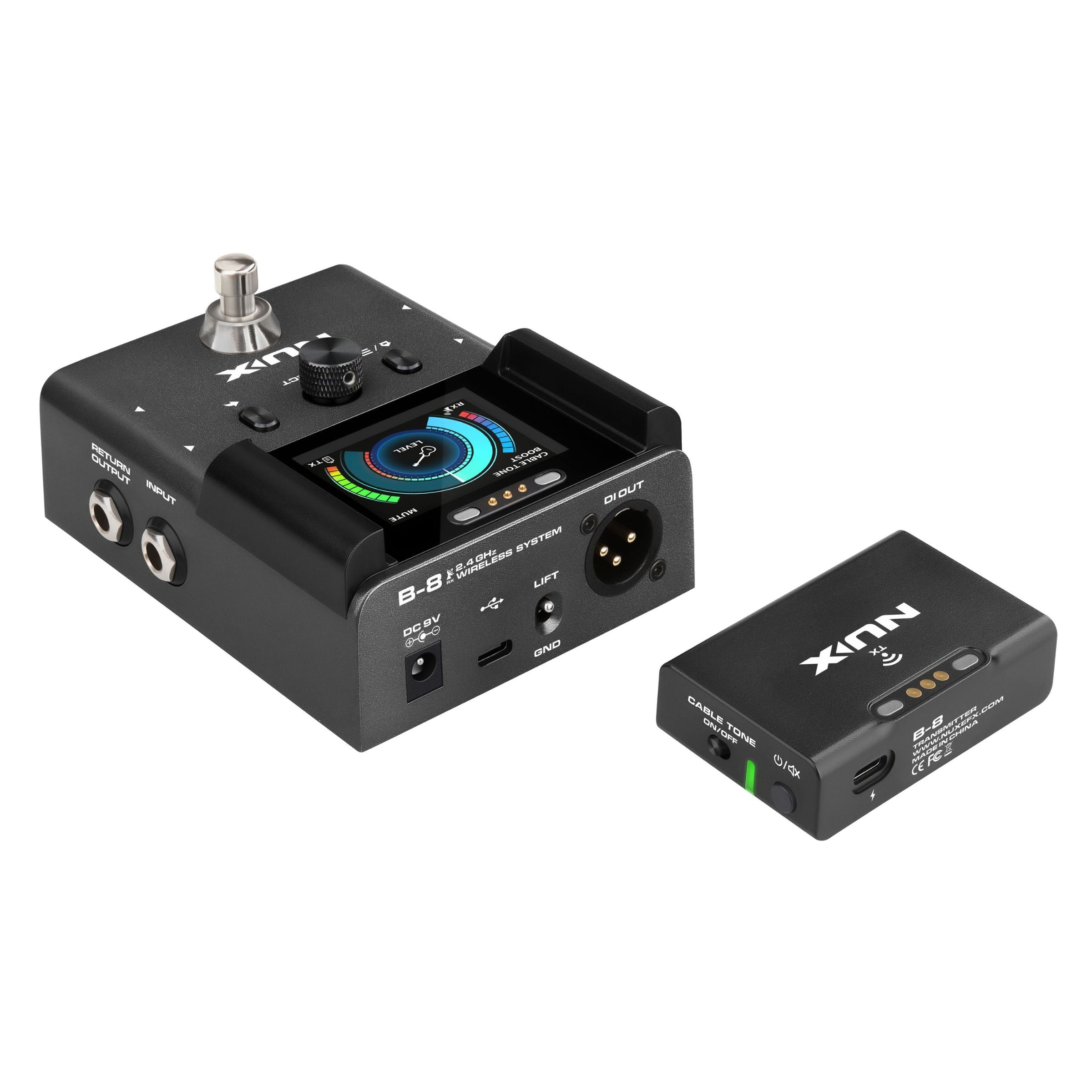 NUX B-8 2.4 ghz wireless pedalboard system with receiver and transmitter on white background.
