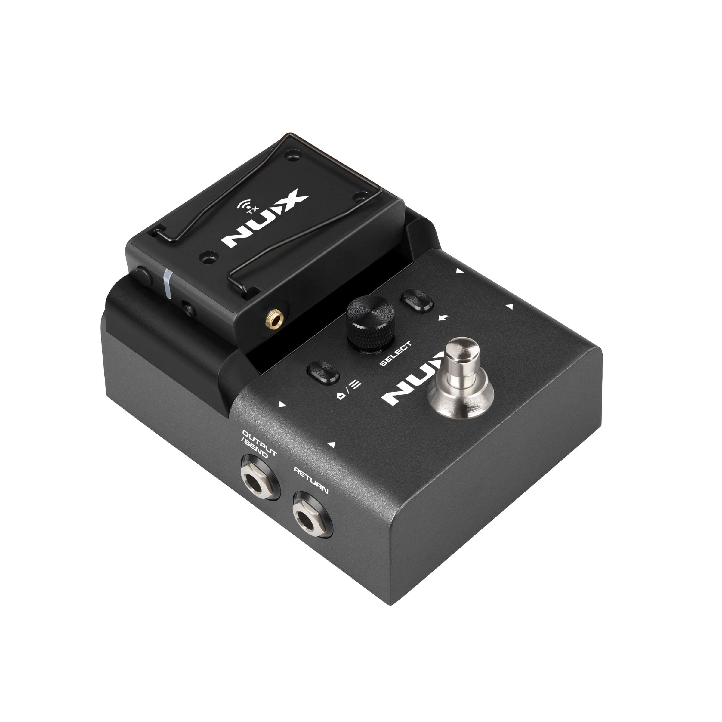 NUX B-8 pedalboard system showing how the wireless transmitter magnetically attached on top of the receiver for quick charging.