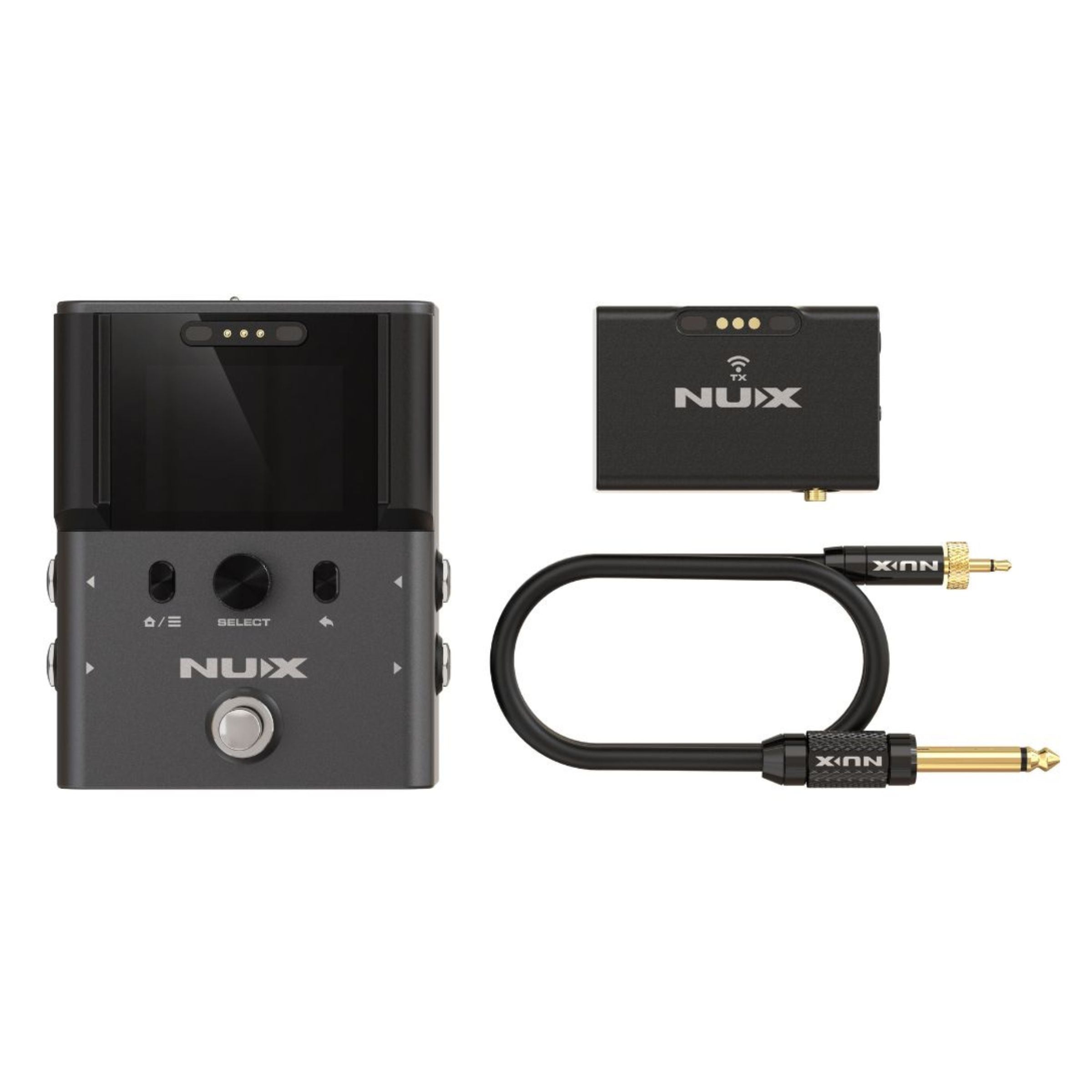 NUX B-8 includes a pedalboard receiver, wireless transmitter, and a 1/4 inch to 1/8 inch Audio Cable.