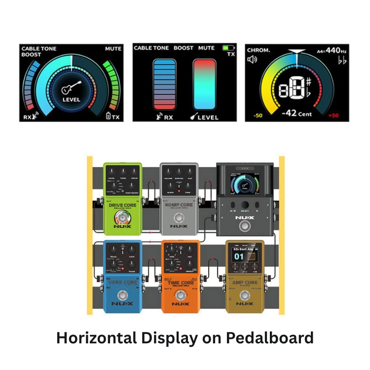 Pedalboard with various effects pedals and horizontal display on a white background