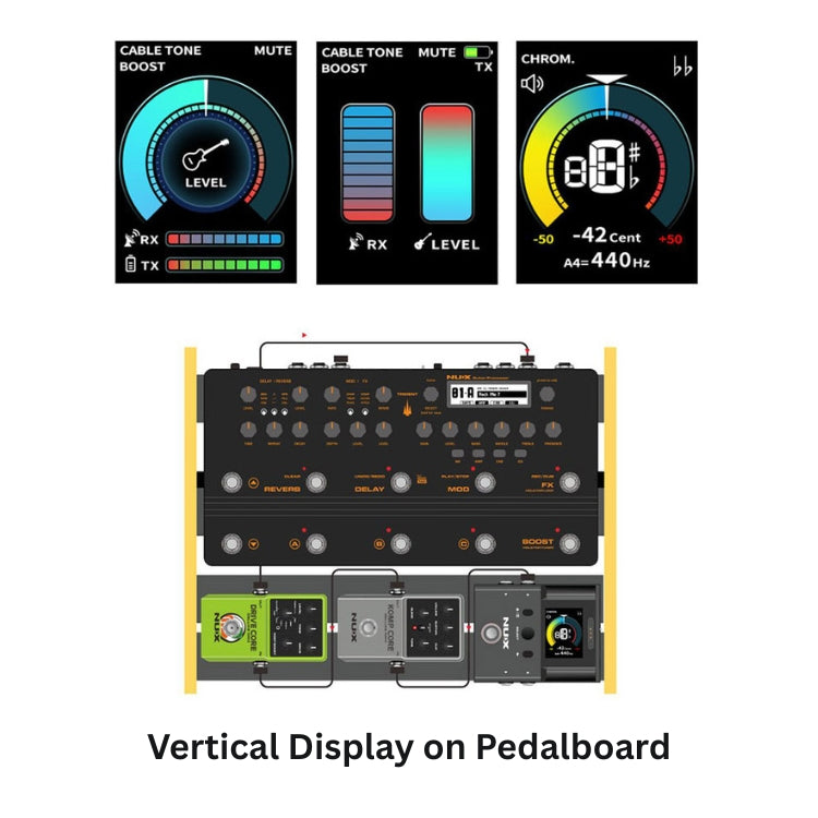 Guitar effects pedal with vertical display on a white background