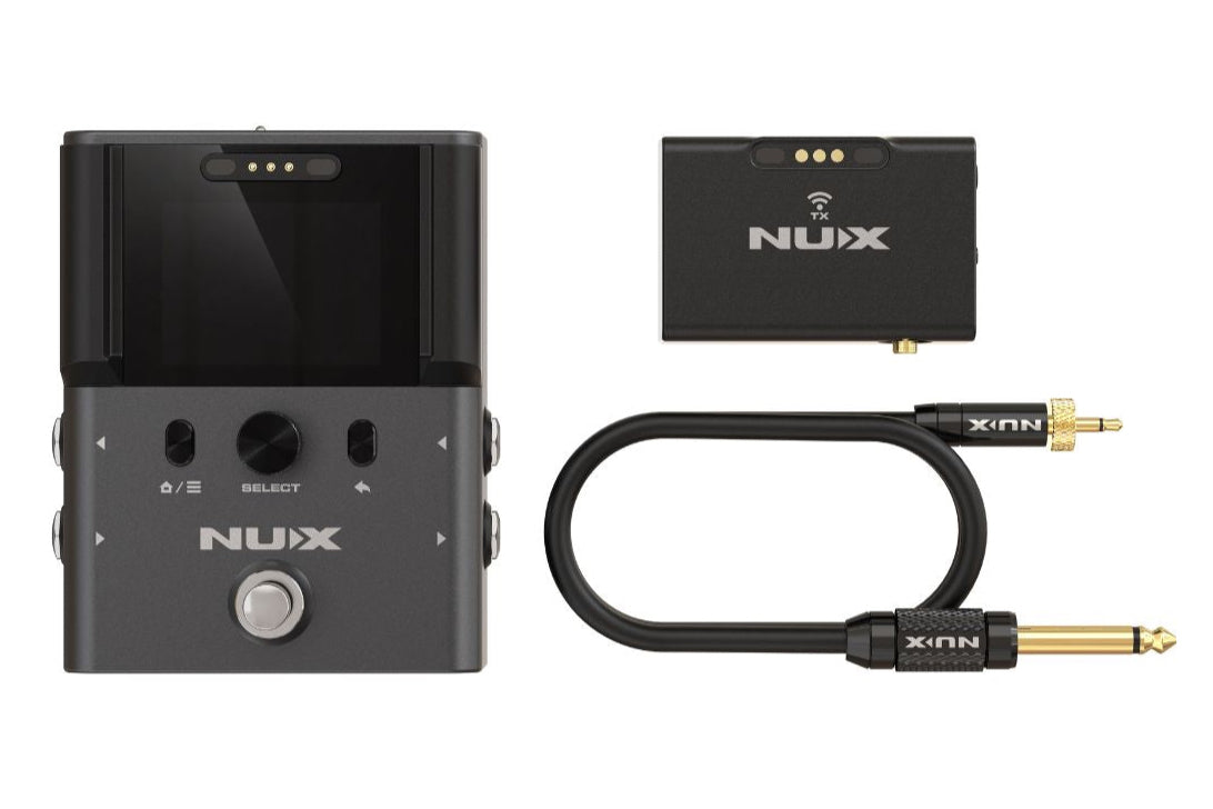 one NUX B-8 pedalboard receiver, one transmitter, 1 jack adapter