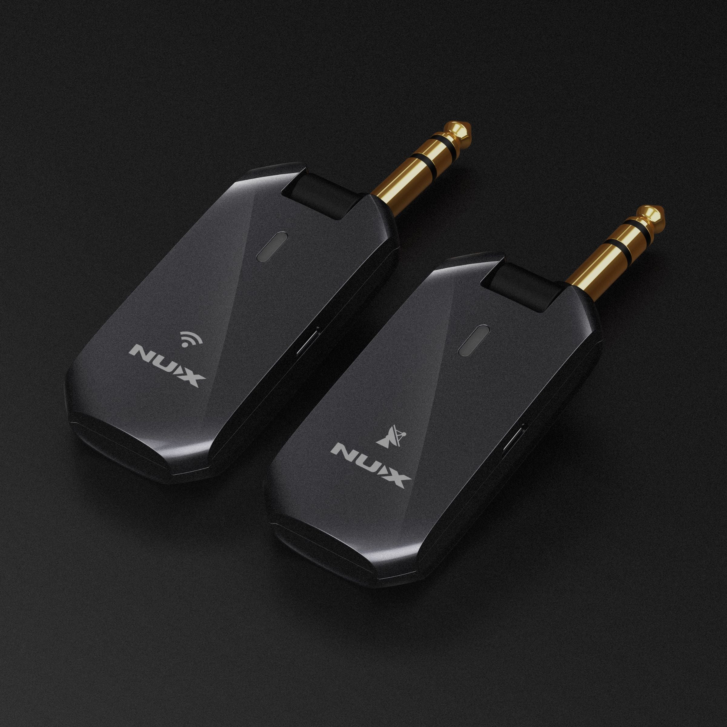 NUX C-5RC wireless guitar transmitter and receiver side-by-side on a black background.