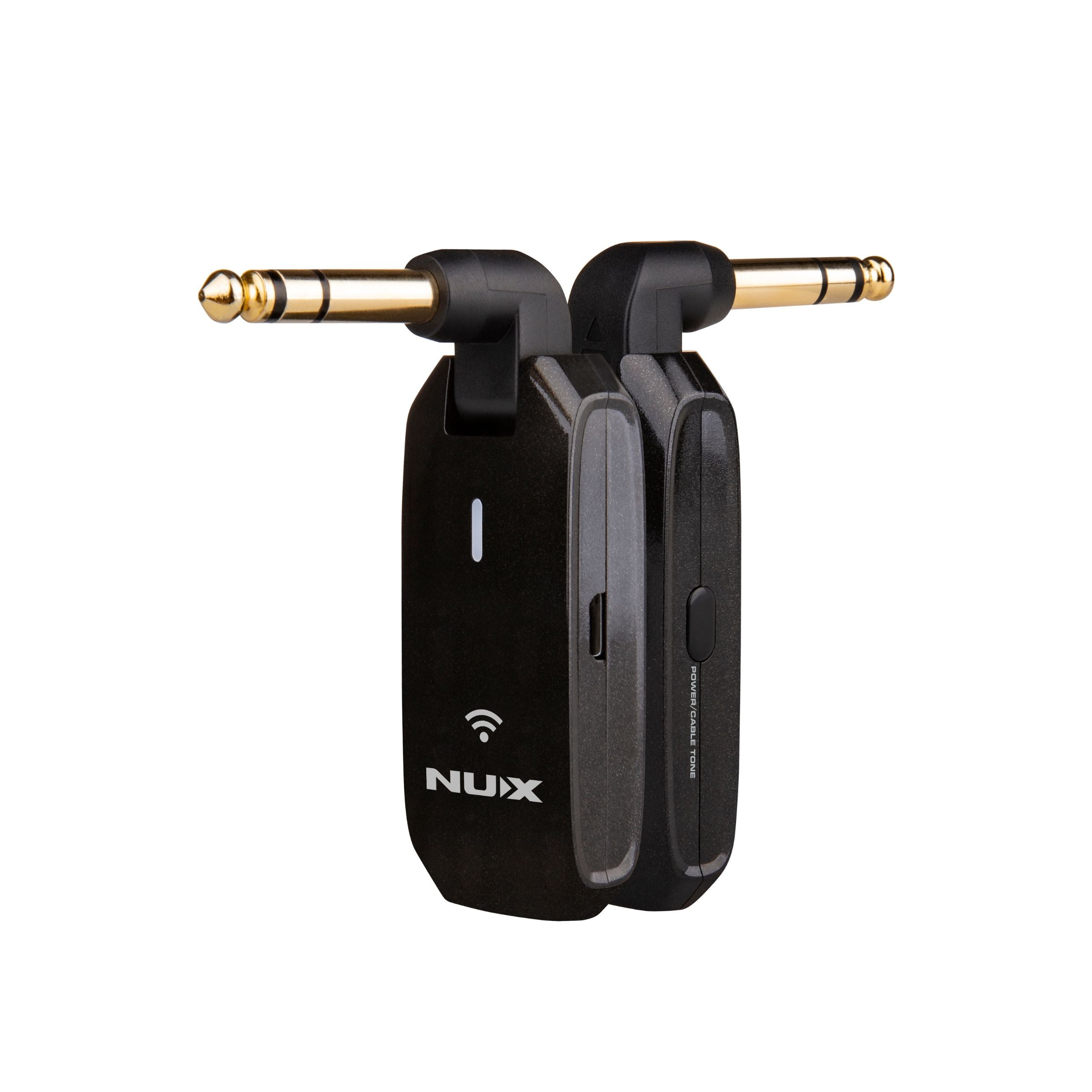 NUX C-5RC guitar wireless sytem transmitter and receiver side-by-side showing how the jack plug folds at 90 degrees.