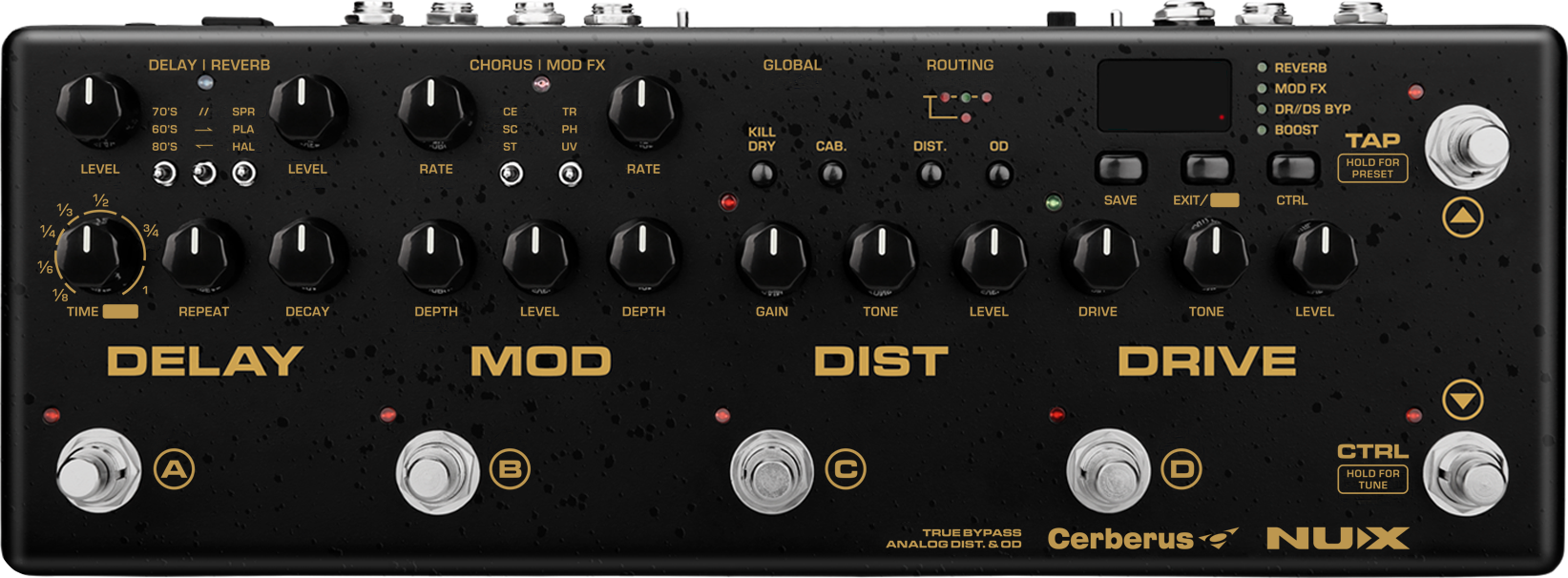 NUX cerberus top view showing controls knobs and switches with labels
