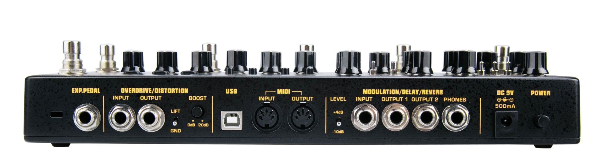 NUX Cerberus Back panel with various connectors and controls on a white background