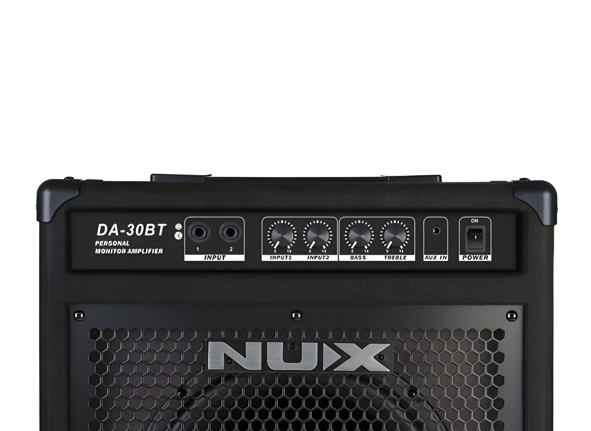 Nux DA-30BT amplifier on a white background showing the control knobs