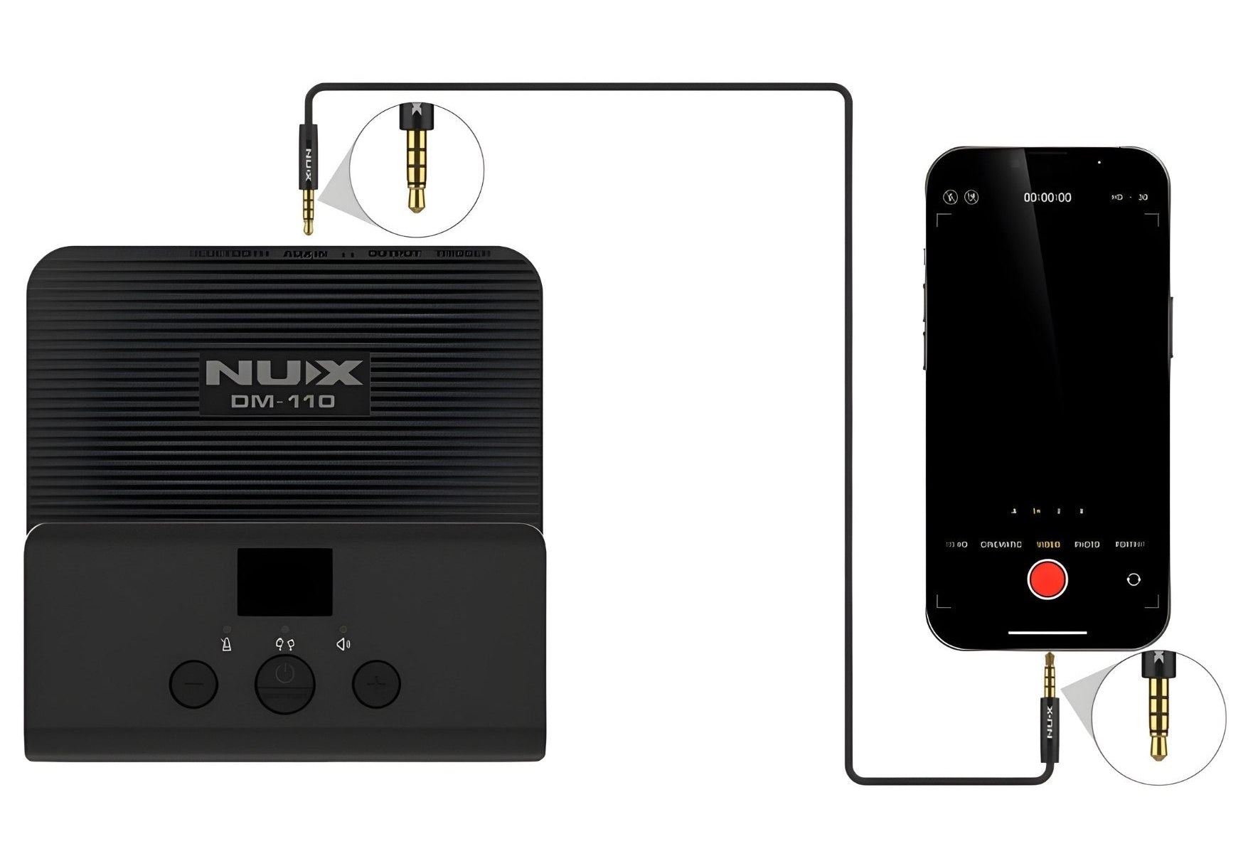 Diagram of NUX DM-110 connected to a smartphone via Aux TRRS cable