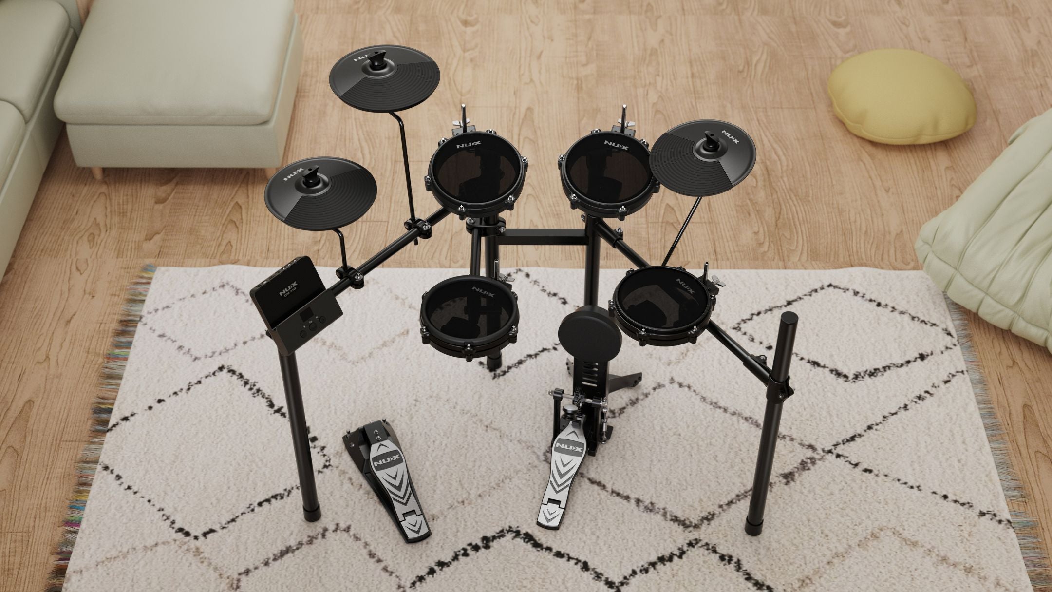 NUX Electronic drum set Dm-110 on a rug in a living room setting