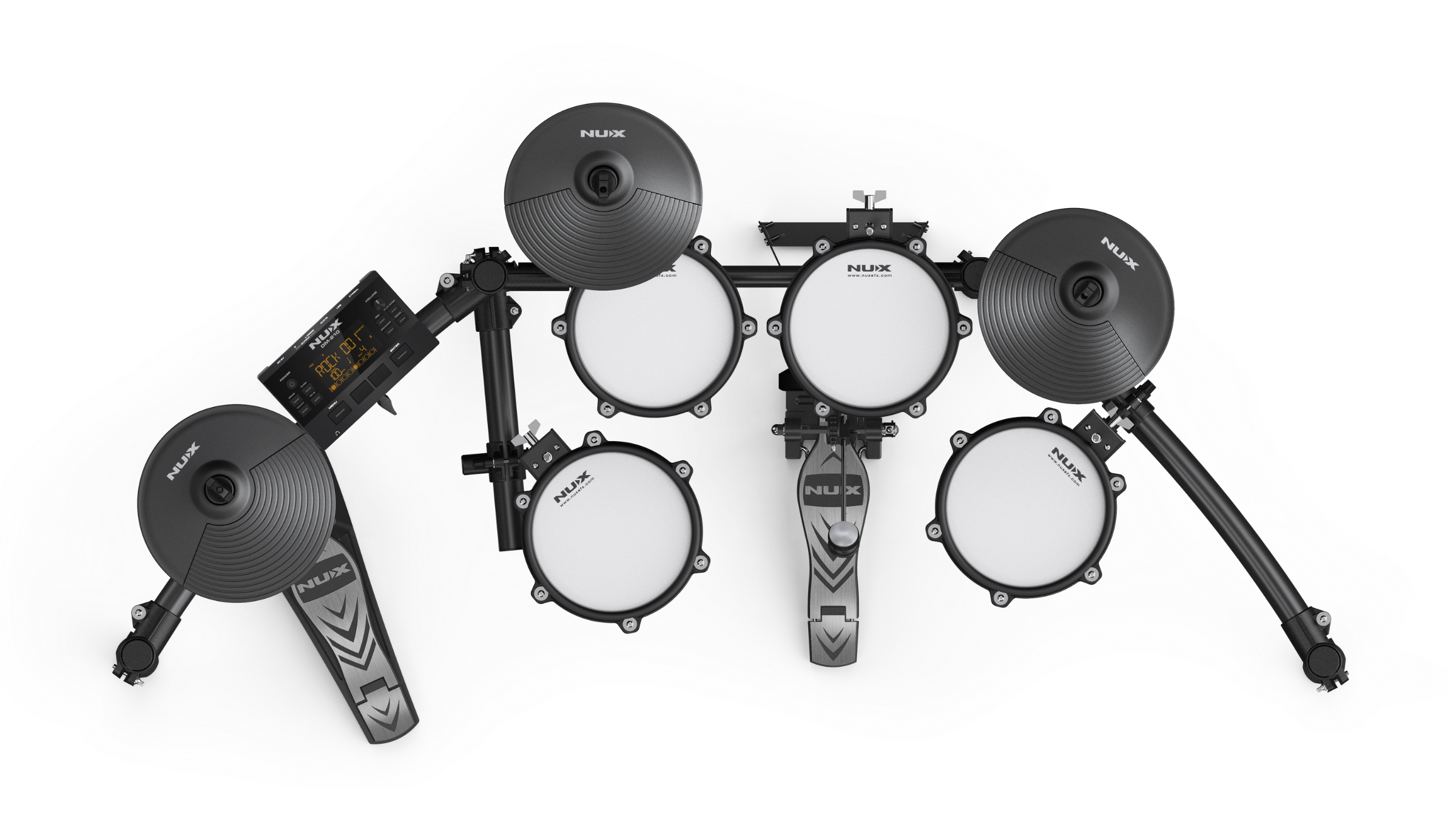 NUX DM-210 Electronic drum set with various drums and a microphone on a white background