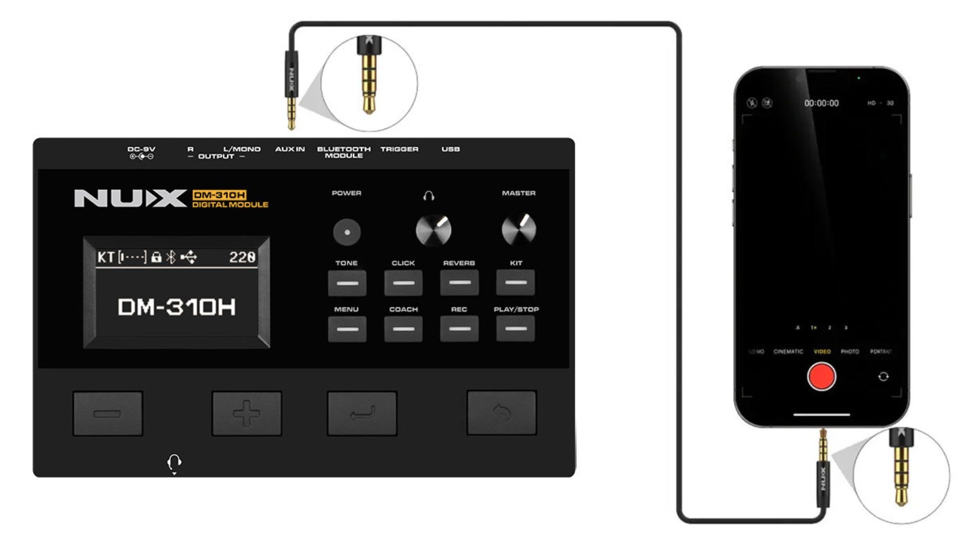NUX DM-310H module connected to a smart phone via TRRS Aux cable