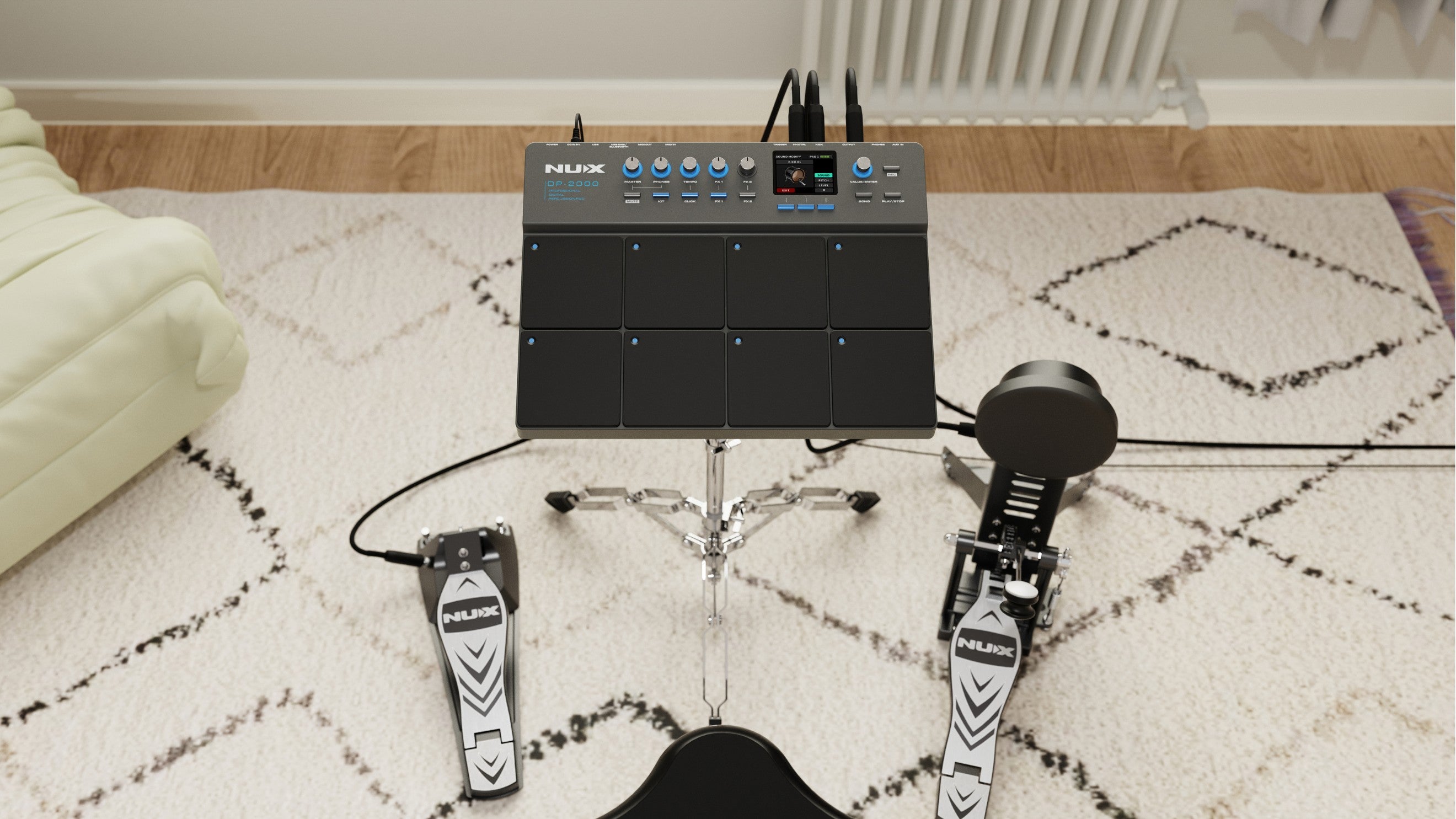 NUX DP-2000 in a living room with an external electric high hat and electric bass drum plugged in.