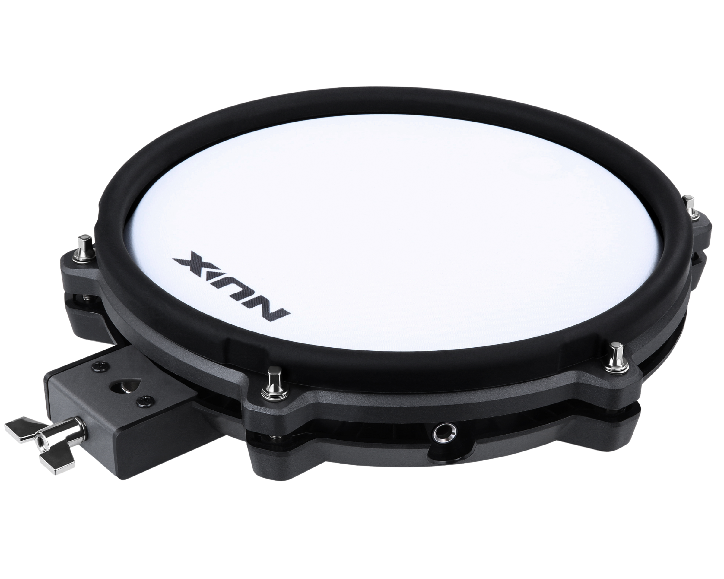 Black and white drum pad with 'NUX' branding on a white background