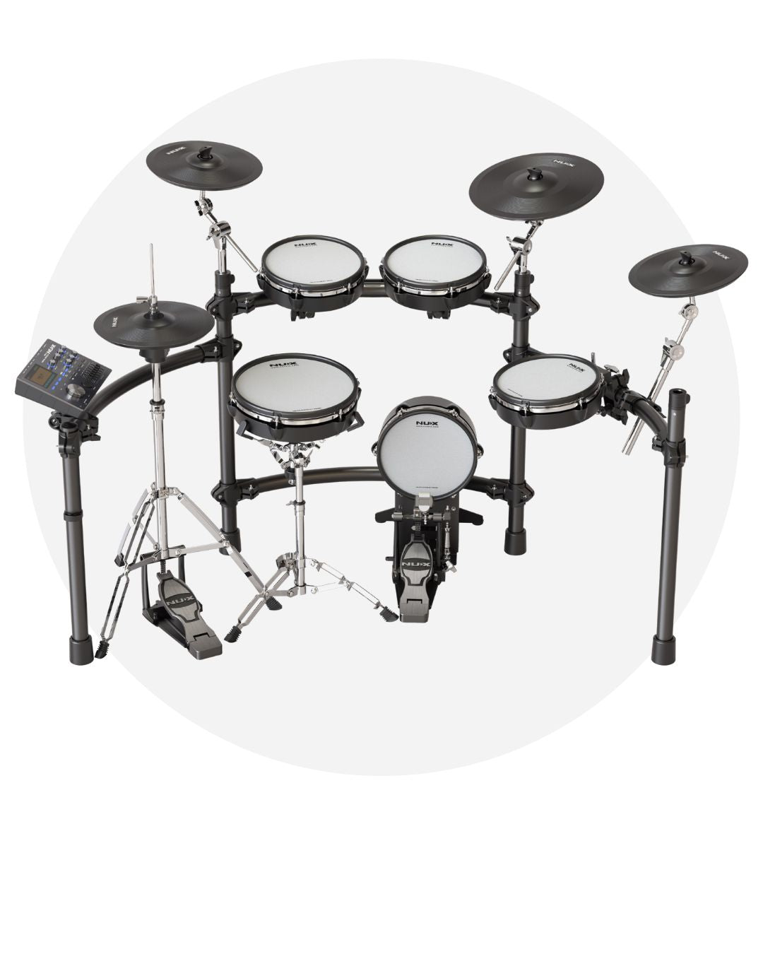 Electronic nux drum set with multiple drums and stands on a white background