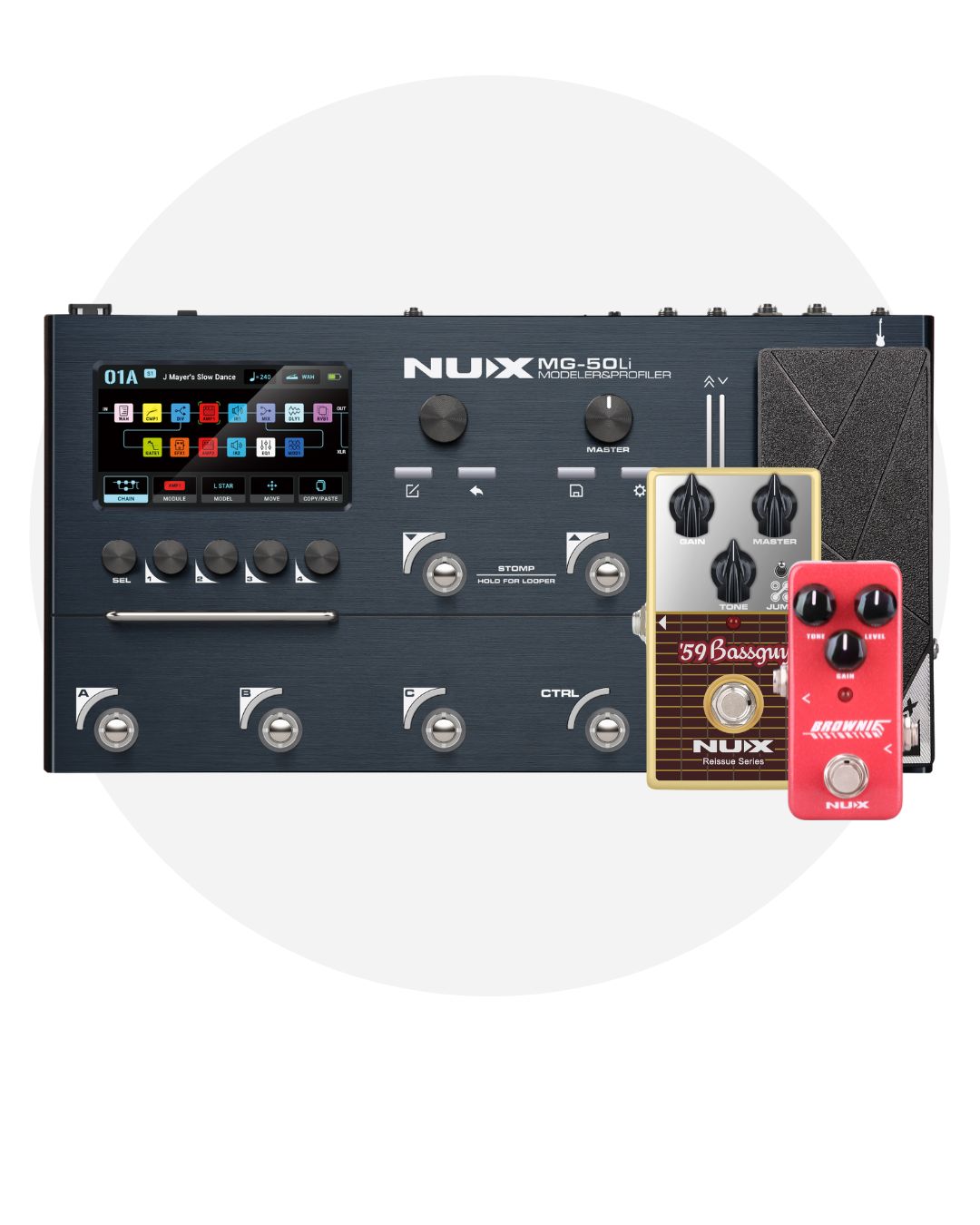 Nux MG-50LI multi-effects processor and two Nux pedals on a white background