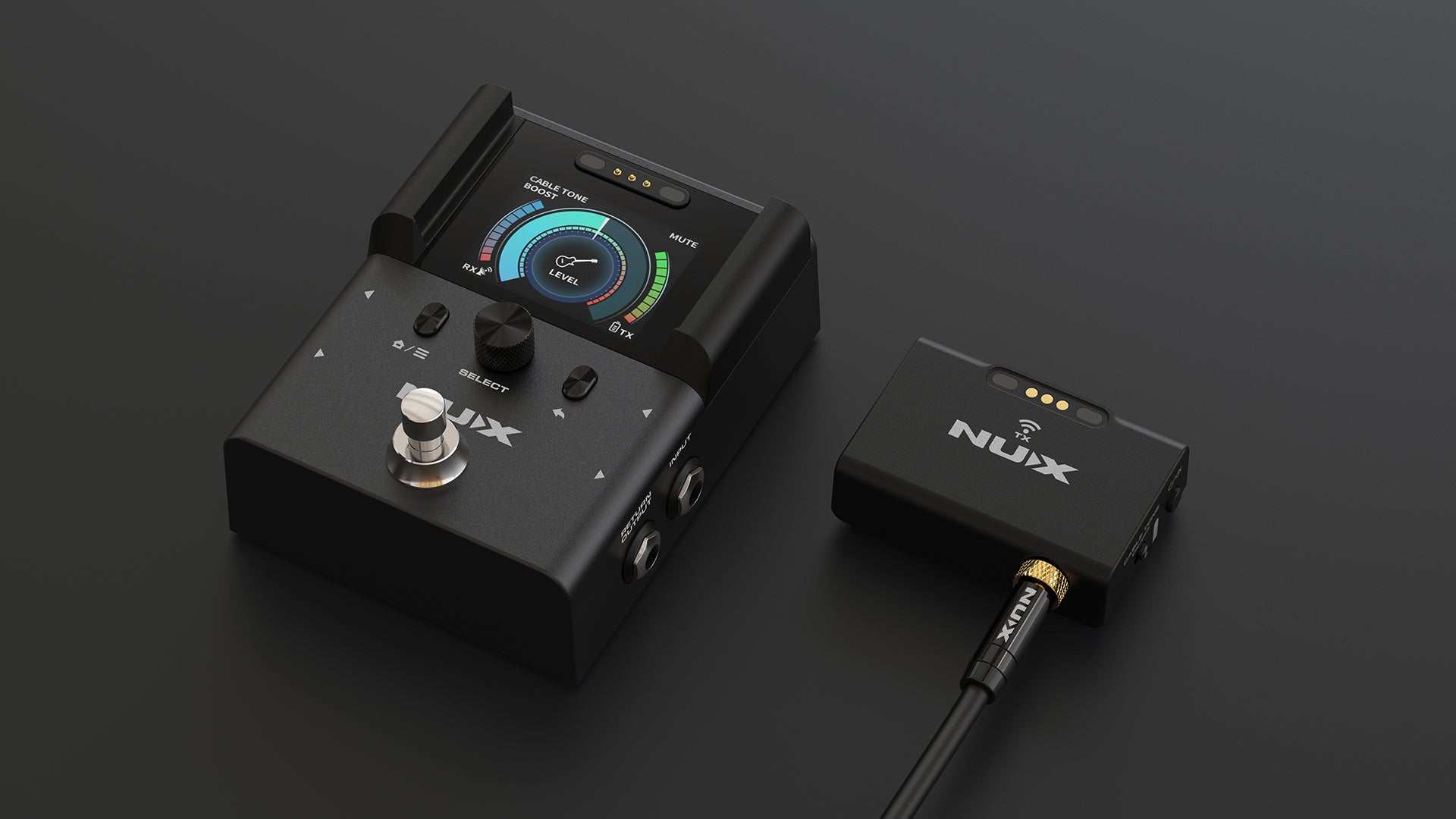 NUX b-8 transmitter and receiver on a dark background.