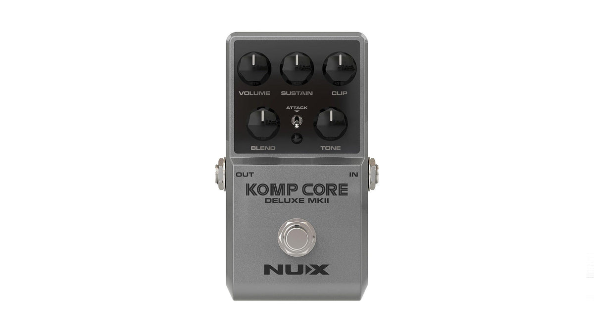 Komp Core Deluxe MKII top panel with volume, tone, blend and sustain knobs