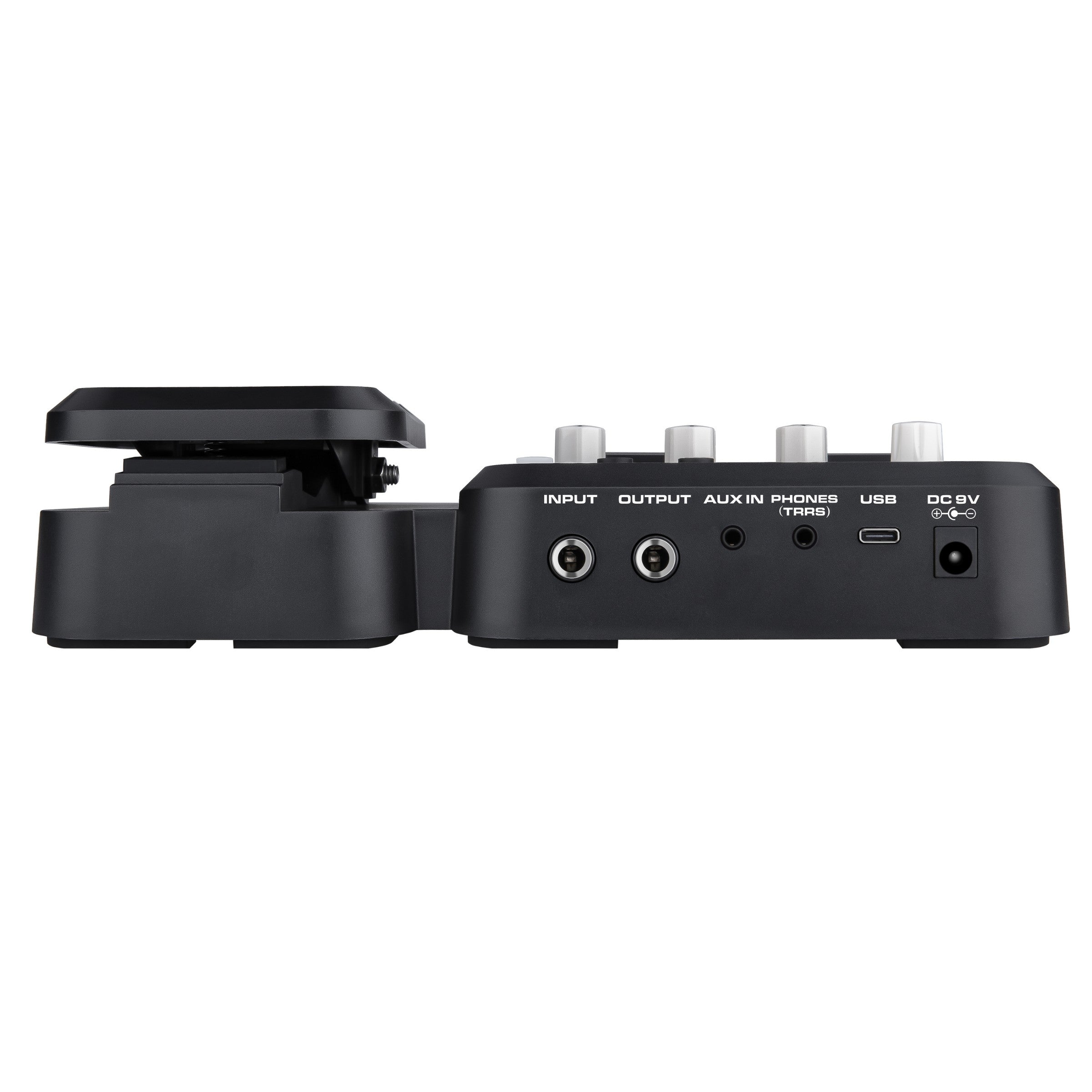 Black MG-101 NUX guitar effects pedal with input, output, and USB ports on a white background