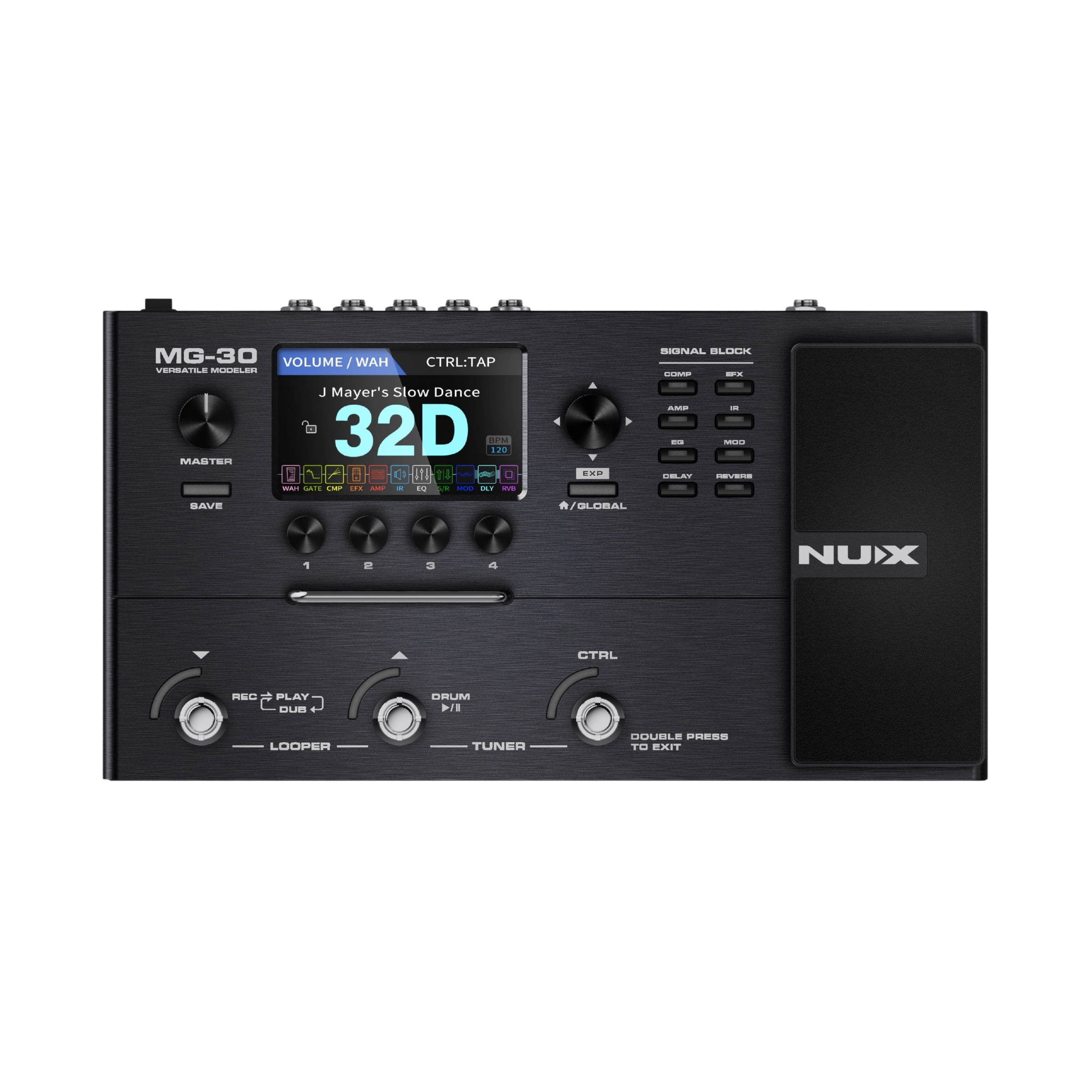 Nux MG-30 multi-effects pedal on a white background