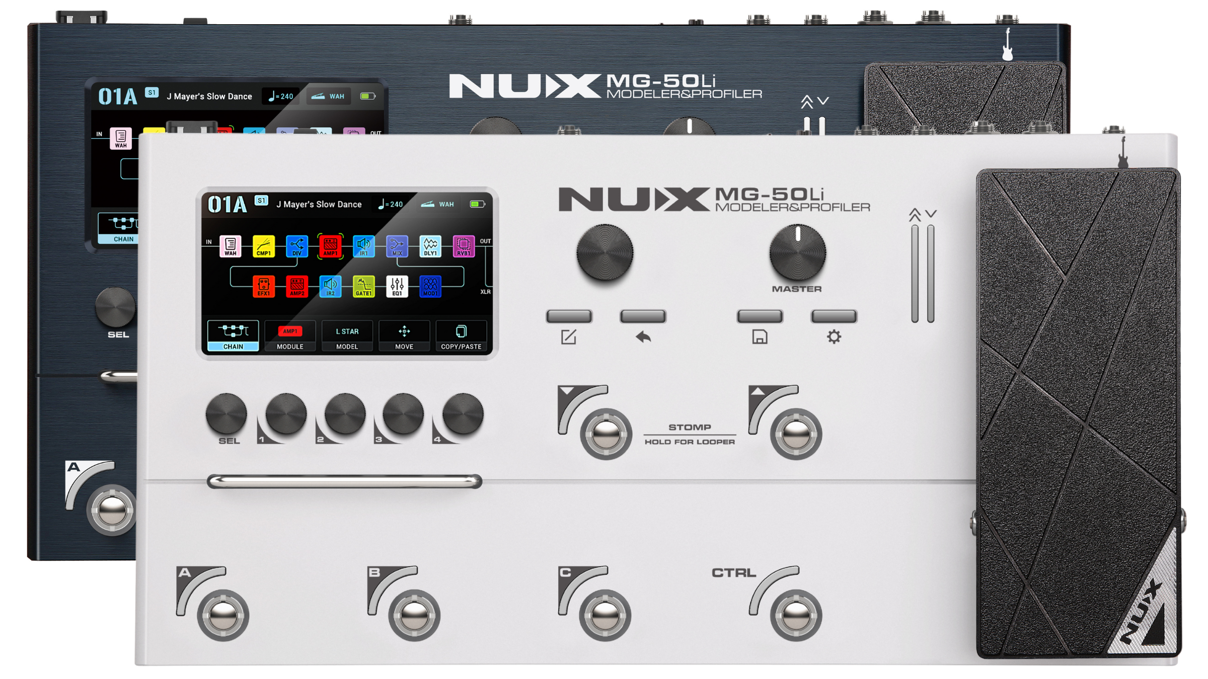 NUX MG-50U modeling amplifier with digital display and control knobs on a white background