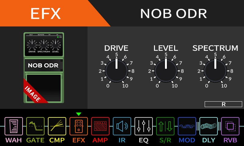 Audio equalizer and effects control panel with 'NOB ODR' branding.