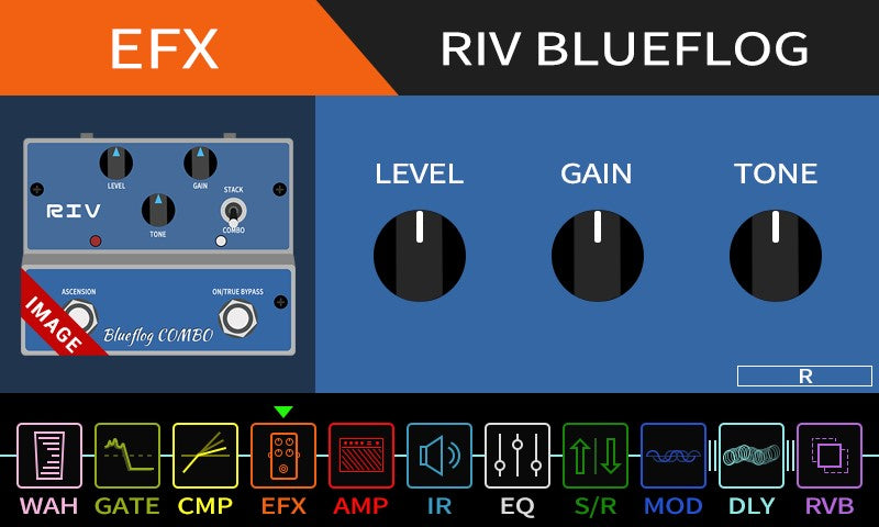 EFX RIV BLUEFLOG audio effect panel with controls and branding.