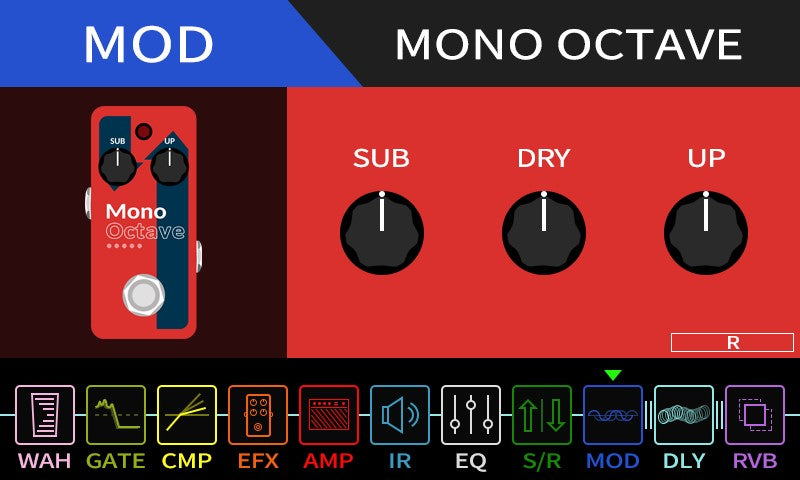 Mono Octave guitar effects pedal with control knobs and labels on a dark background