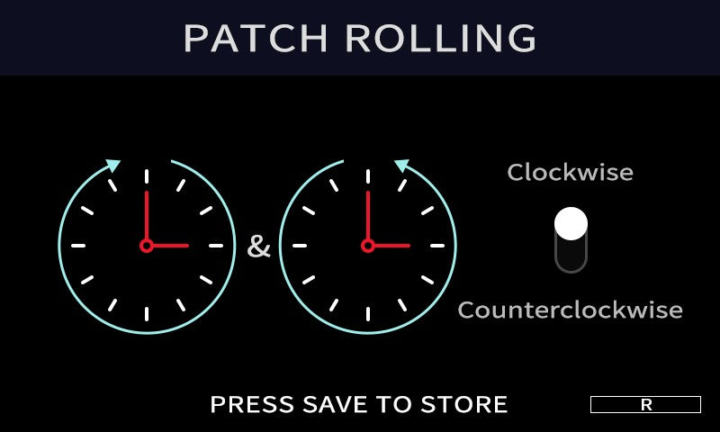 Instructions for patch rolling with clock faces and directional indicators on a black background.