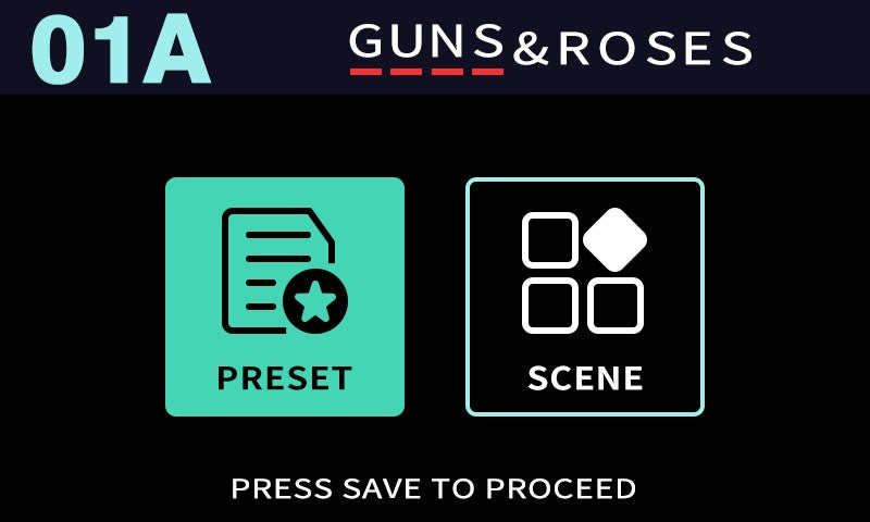 Guns & Roses preset and scene selection interface with icons and text on a black background.