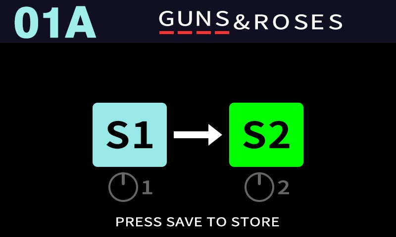 Guns & Roses interface with 'S1' and 'S2' buttons on a black background