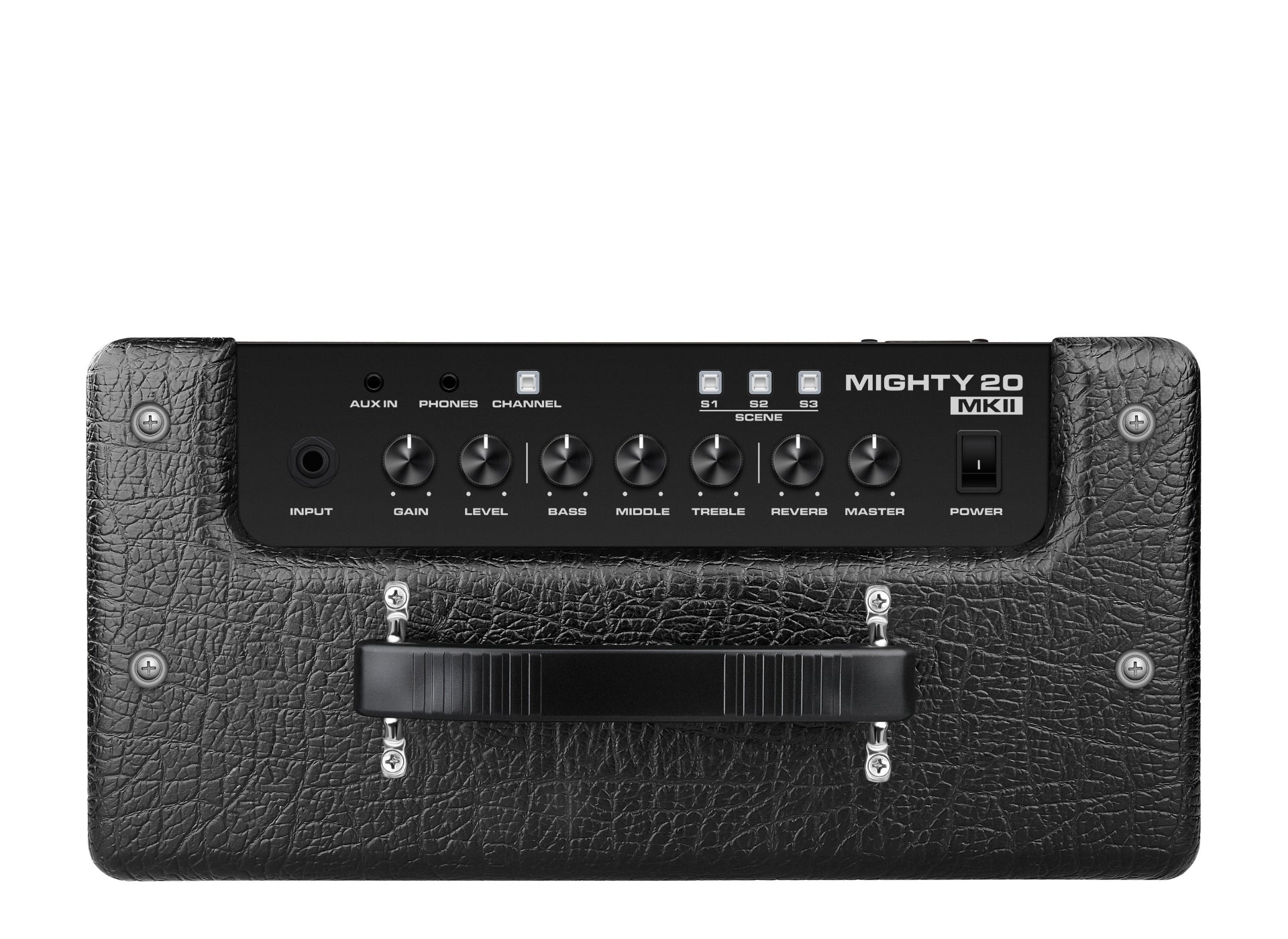 Guitar amplifier head with control panel and NUX Branding on a white background