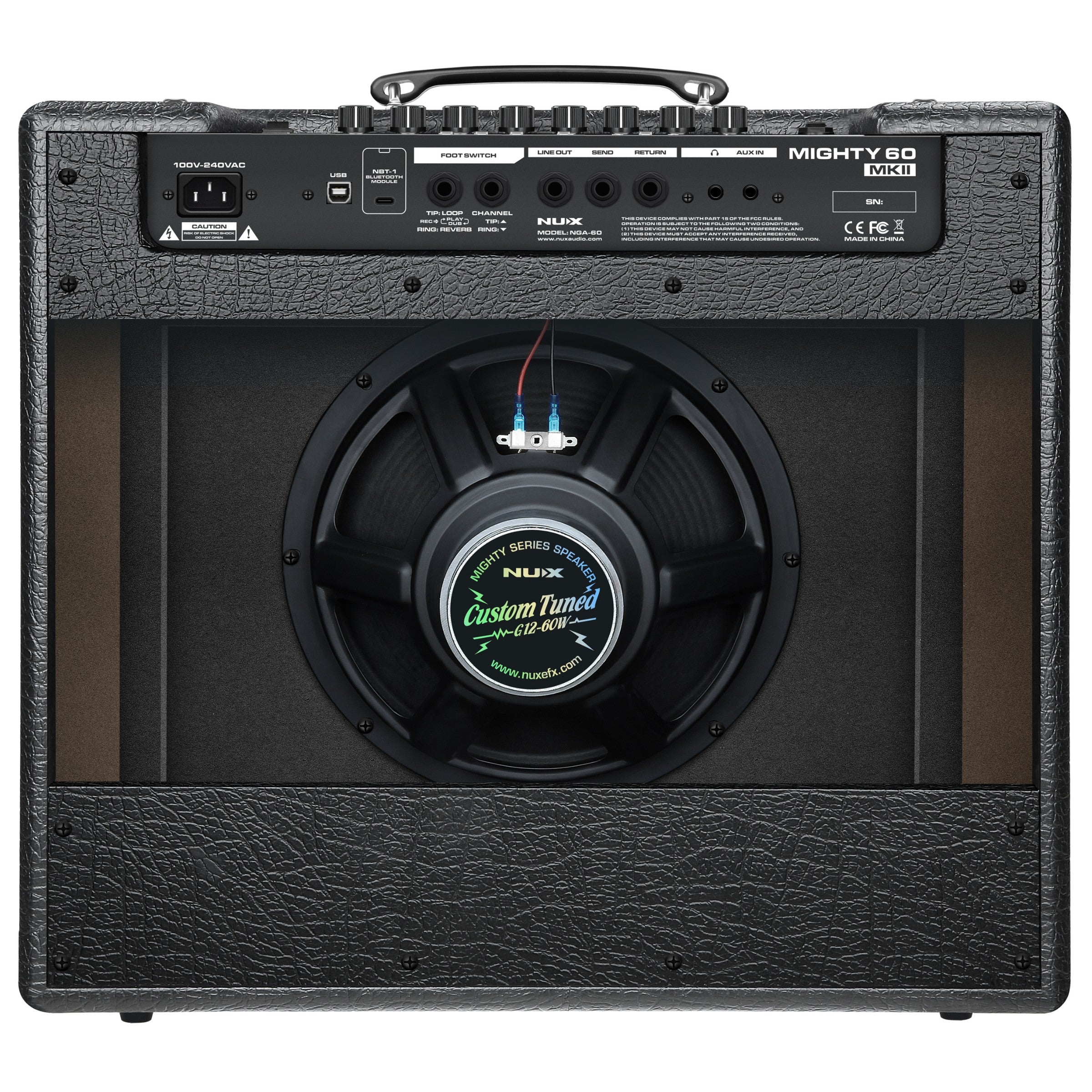 Black guitar amplifier with Nux logo on a white background