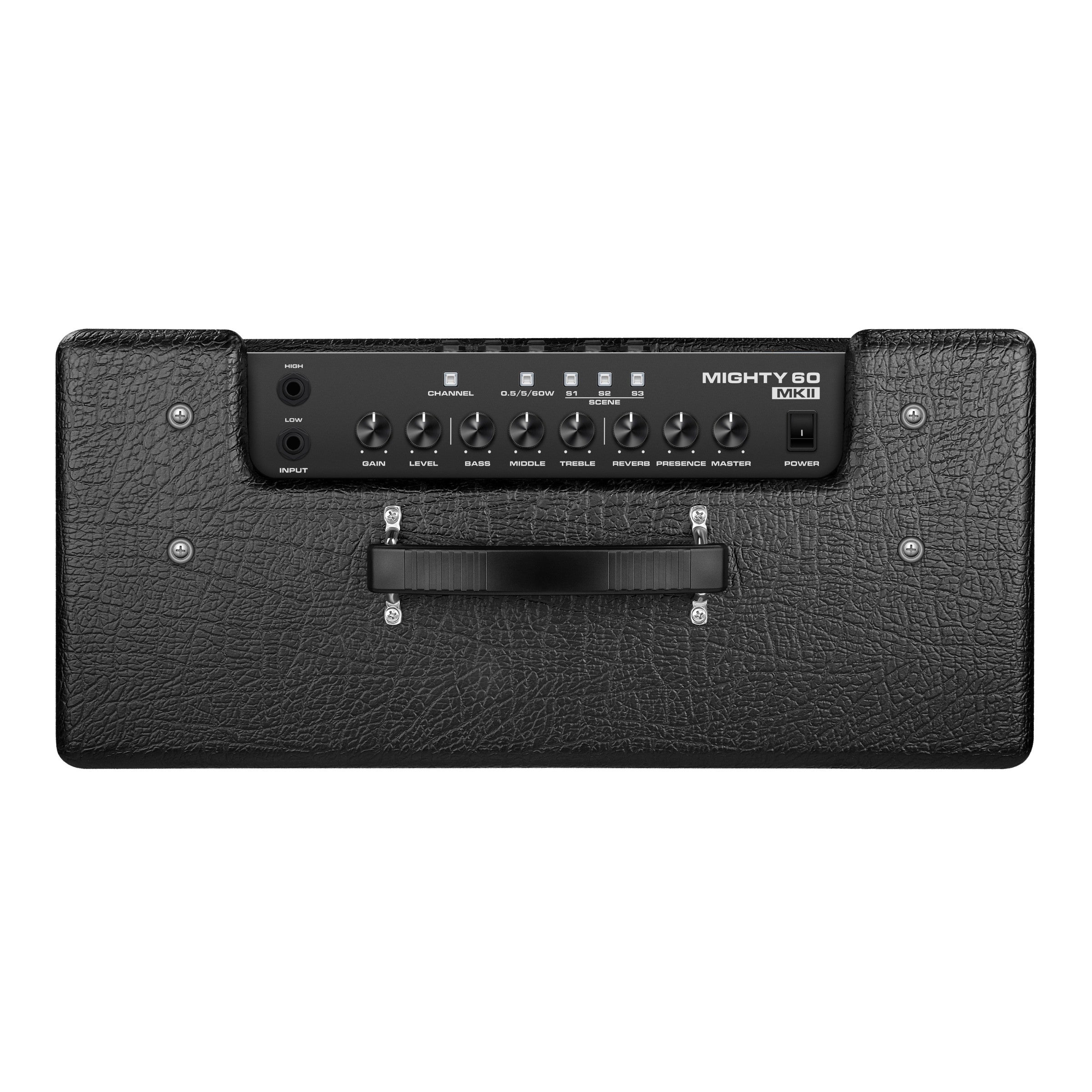 Black NUX guitar amplifier with control panel on a white background