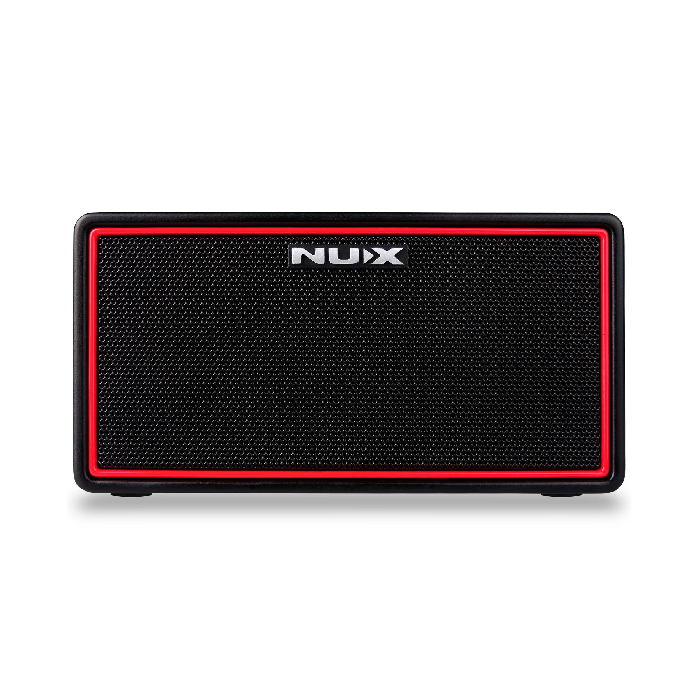 Black and red NUX portable speaker on a white background