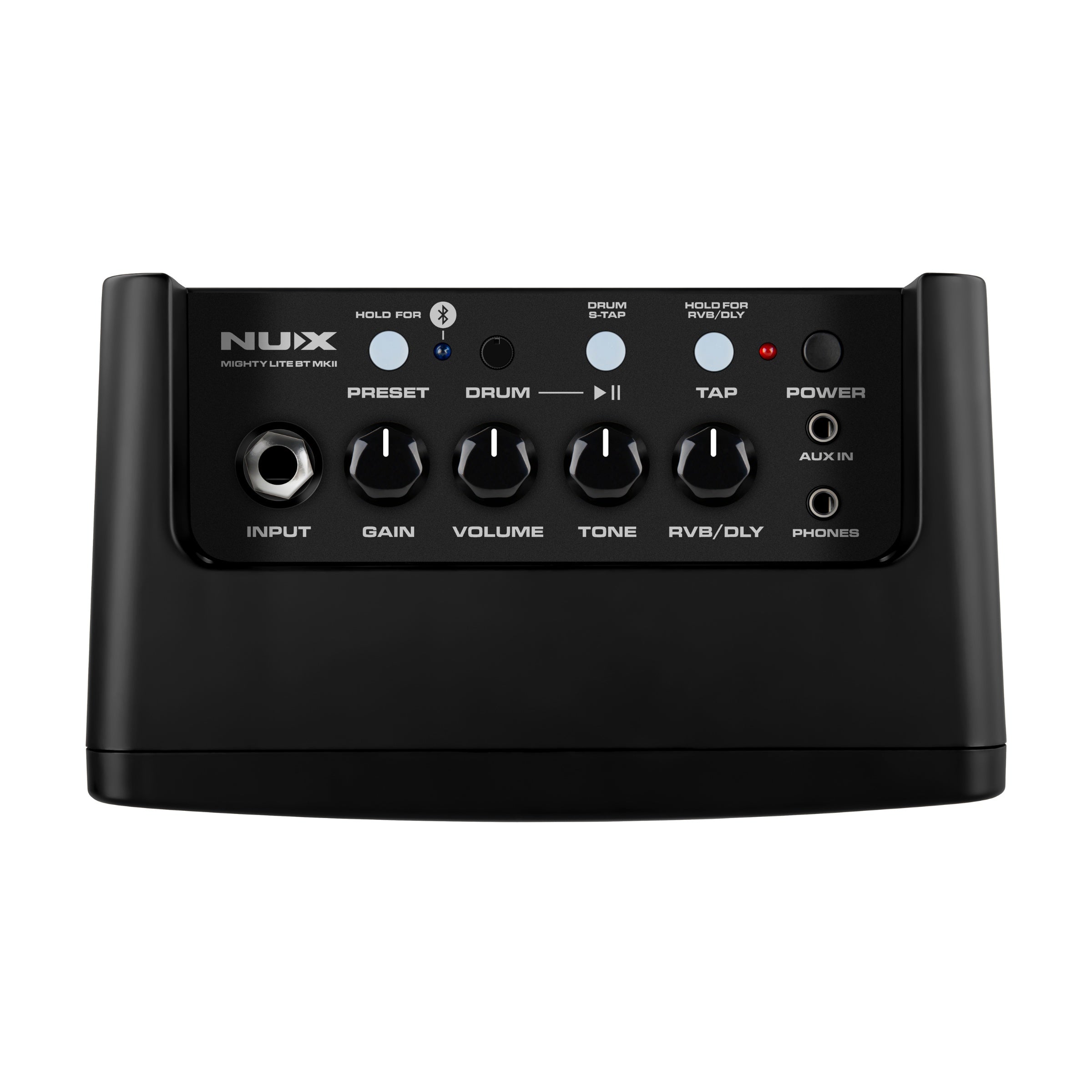 nux mighty lite top view showing the control knobs options