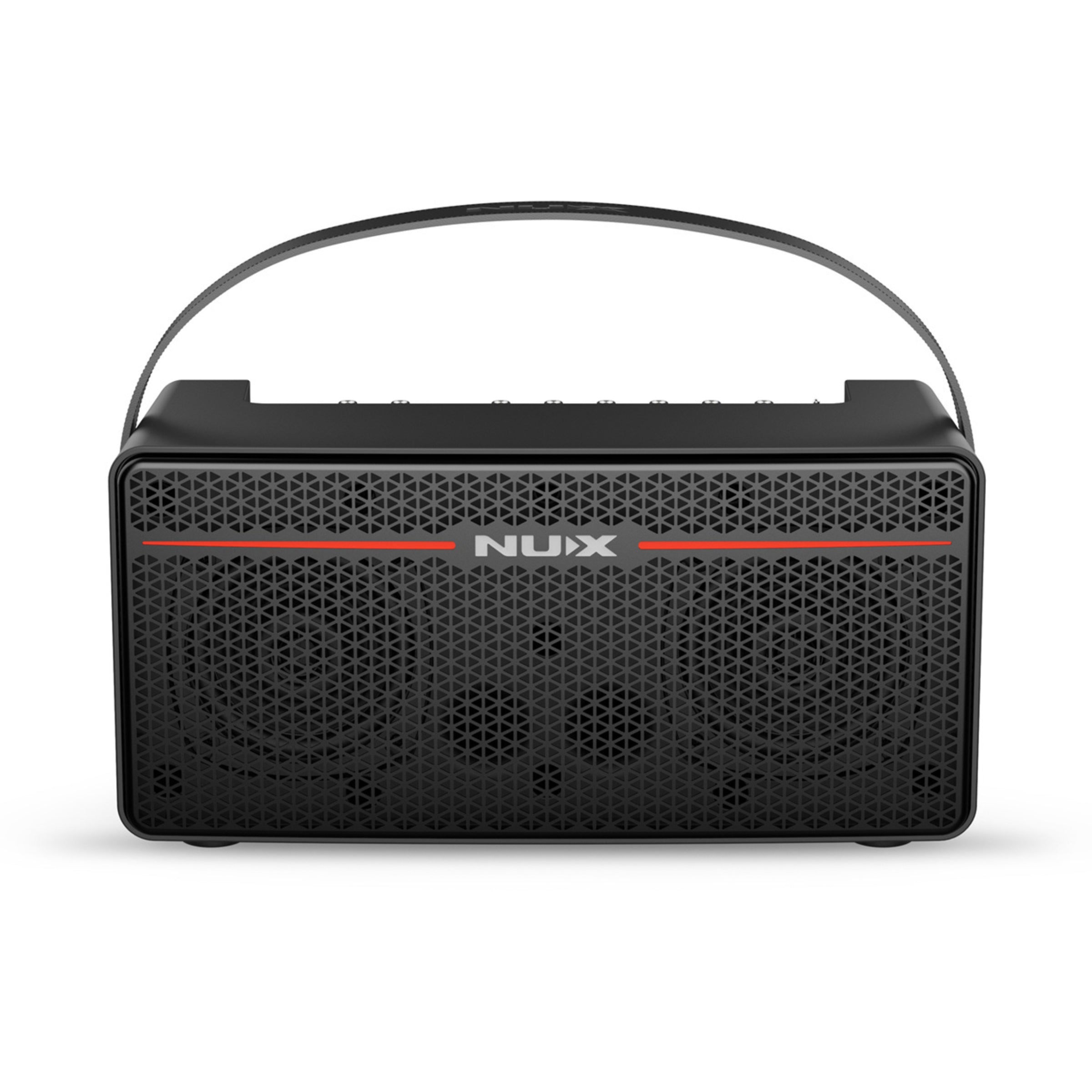 Black Nux portable Mighty Space guitar amplifier with a handle on a white background