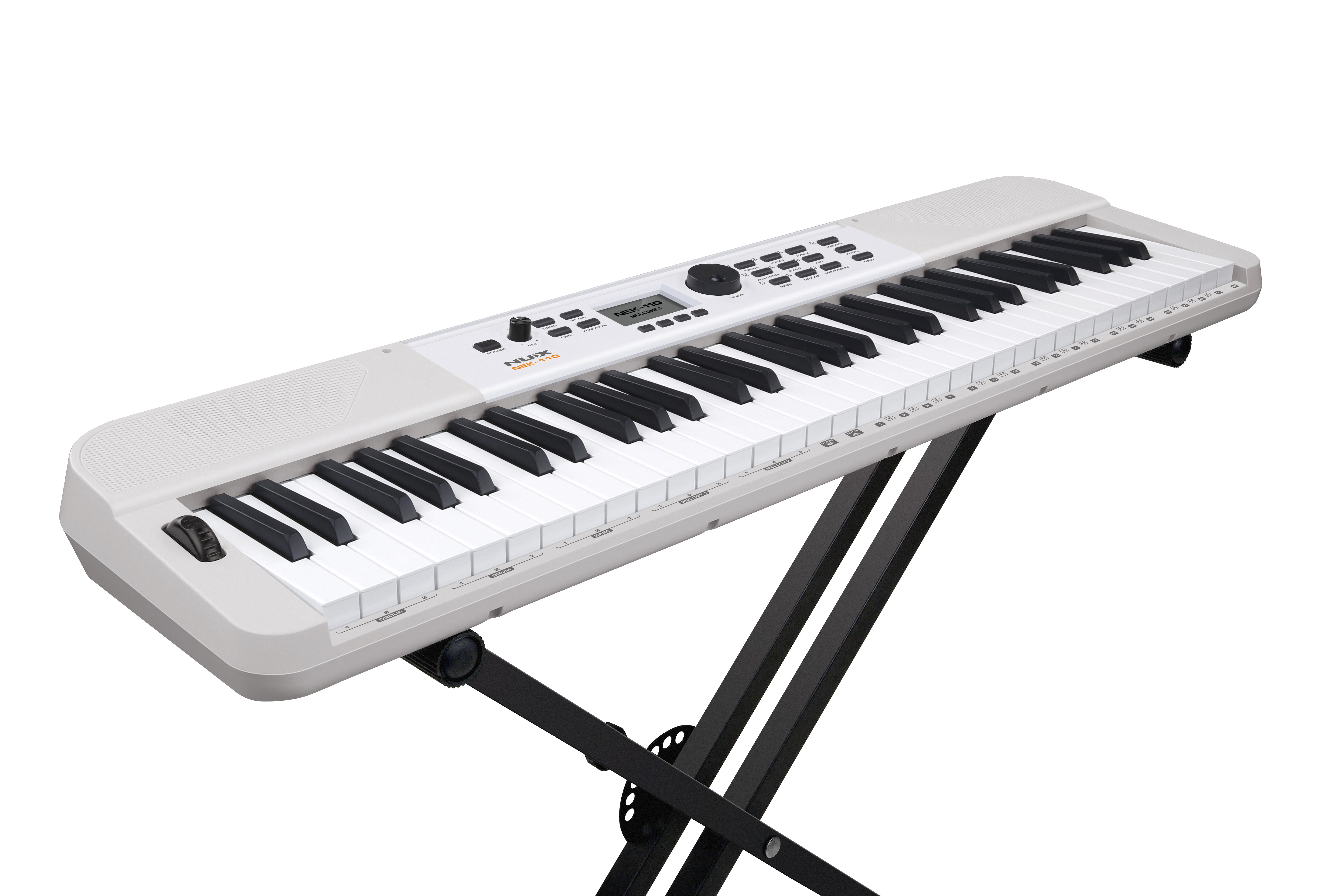 NUX NEK-110 keyboard on stand – closer angled view of keys and panel