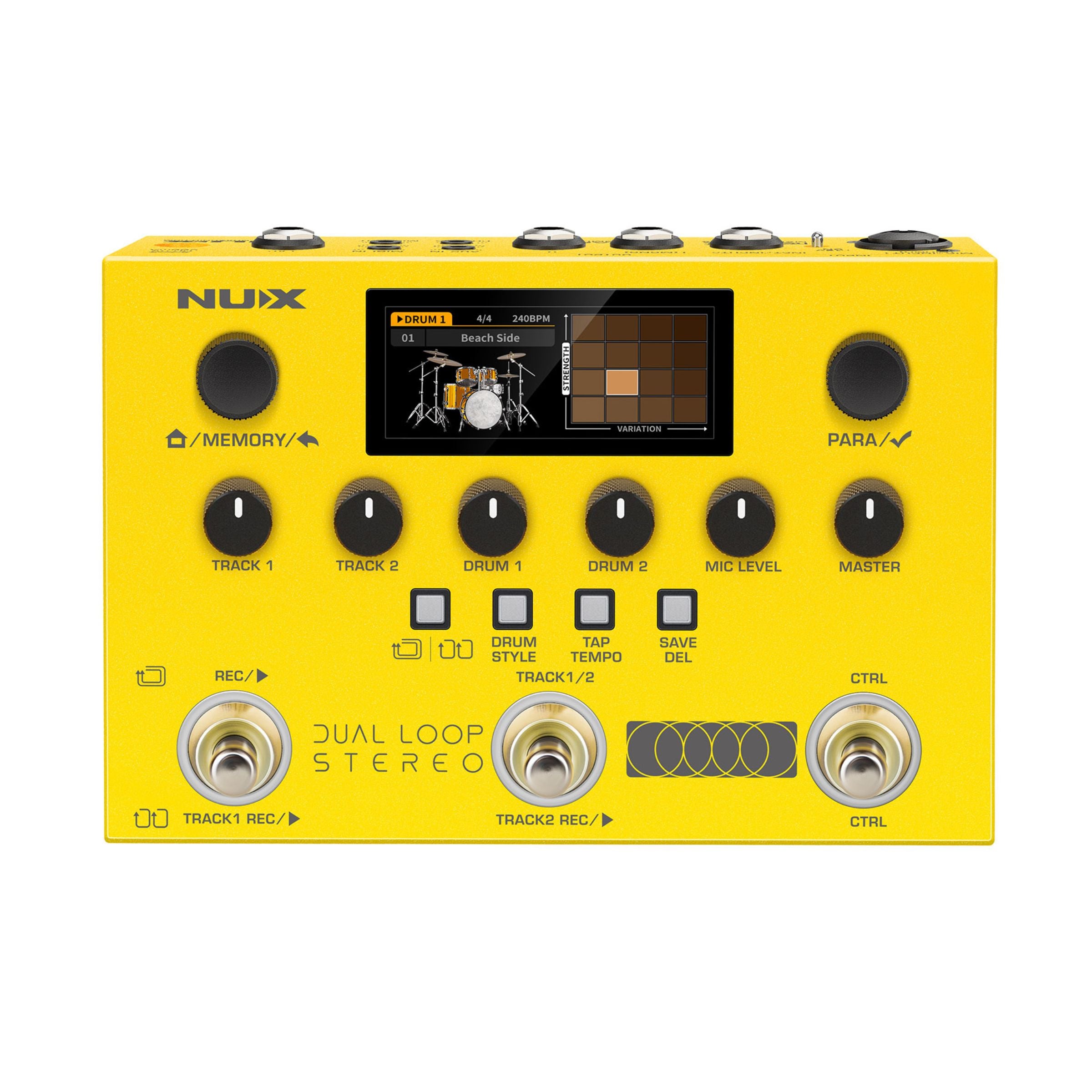 Yellow NUX Dual Loop Stereo multi-effect pedal with LCD screen on white background