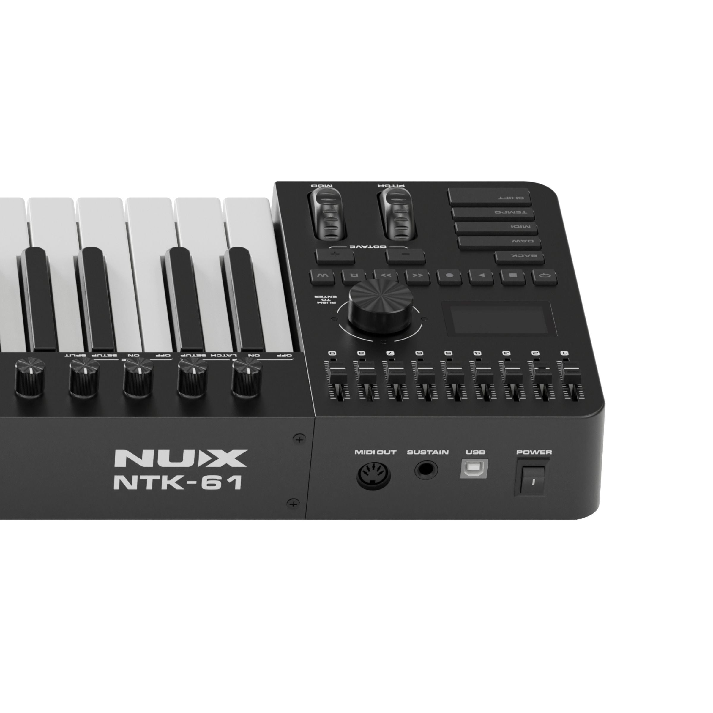 Black NUX NTK-61 keyboard controller back panel showing MIDI port and other IO options