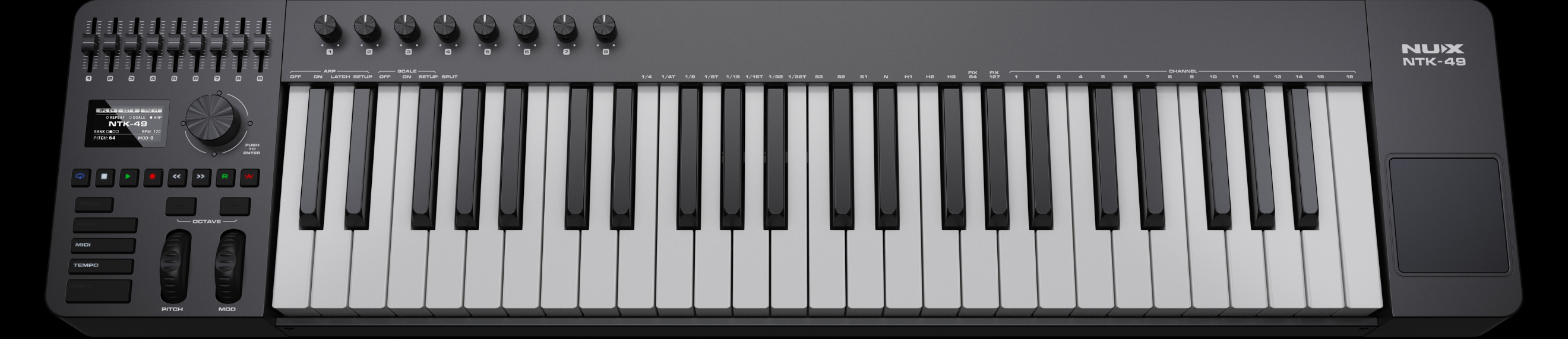 NUX NTK-49 MIDI Controller keyboard with black frame and white keys