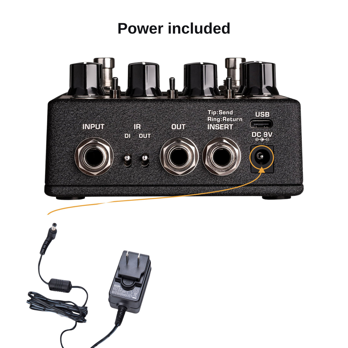 ACD-006A power adapter plugging into the Amp Academy 9V DC input