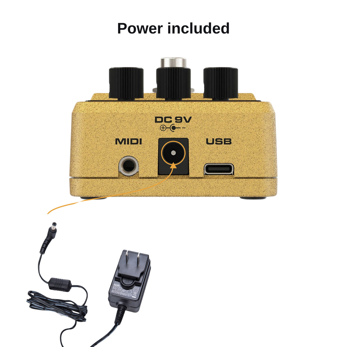 ACD-006A power adapter plugging into the Amp Core Studio 9V DC input