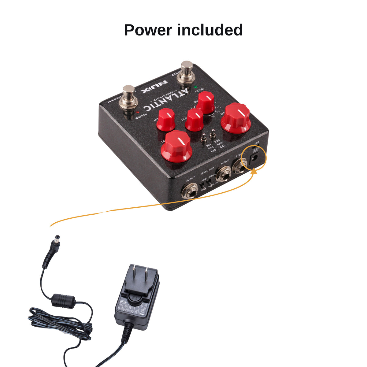 ACD-006A power adapter plugging into the Atlantic 9V DC input