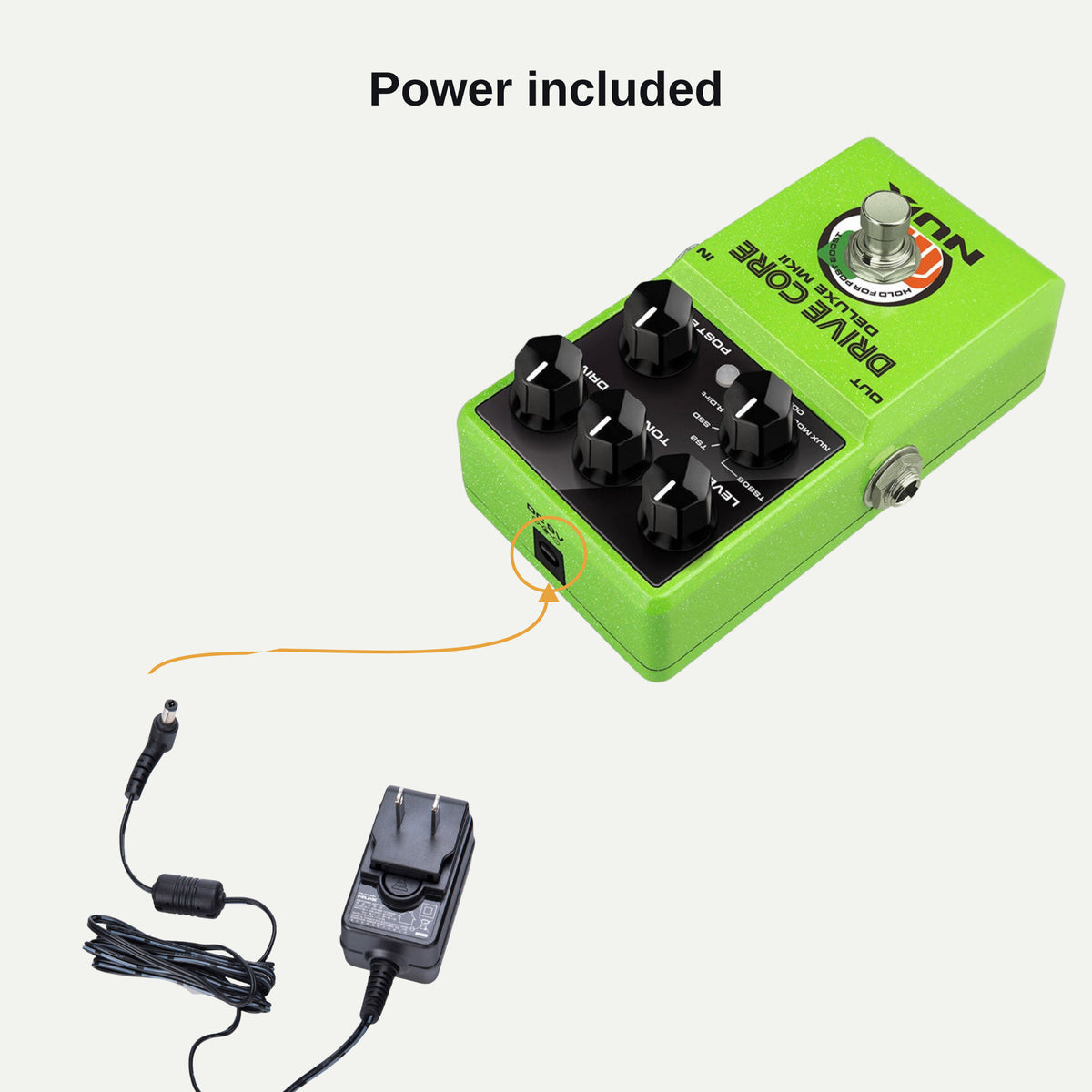 ACD-006A power adapter plugging into the Drive Core Deluxe MKII 9V DC input