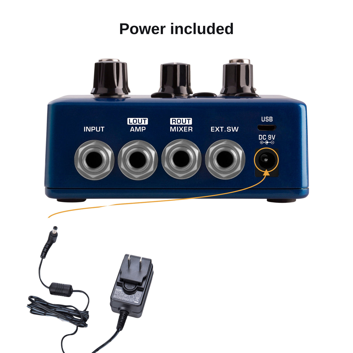 ACD-006A power adapter plugging into the JTC Drum & Loop Pro 9V DC input