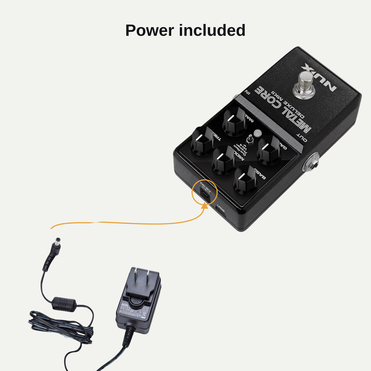 ACD-006A power adapter plugging into the Metal Core Deluxe MKII 9V DC input