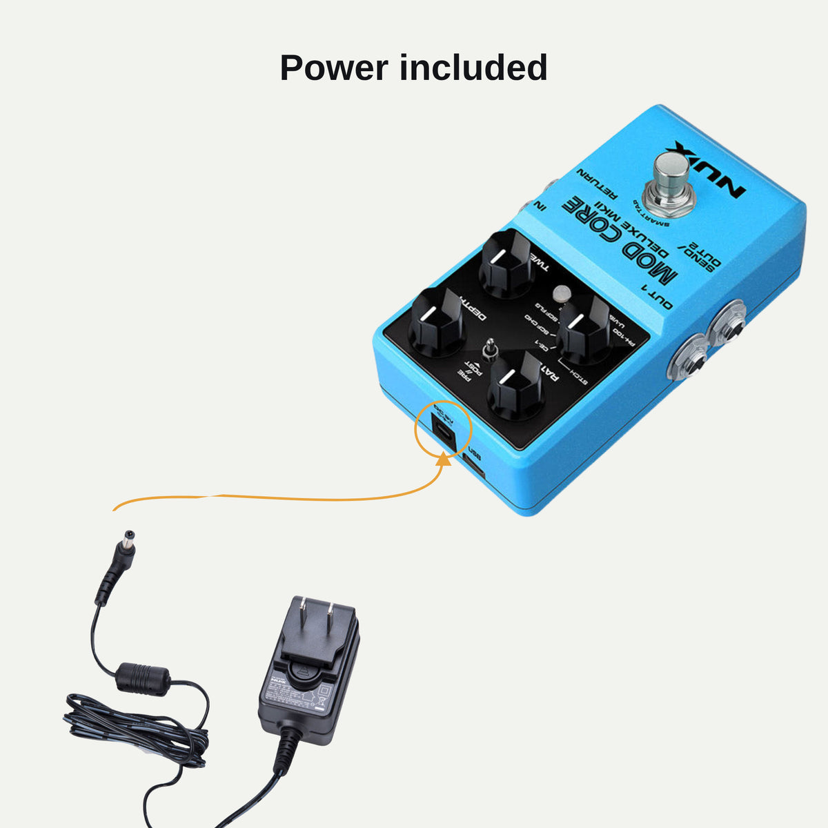 ACD-006A power adapter plugging into the Mod Core Deluxe MKII 9V DC input